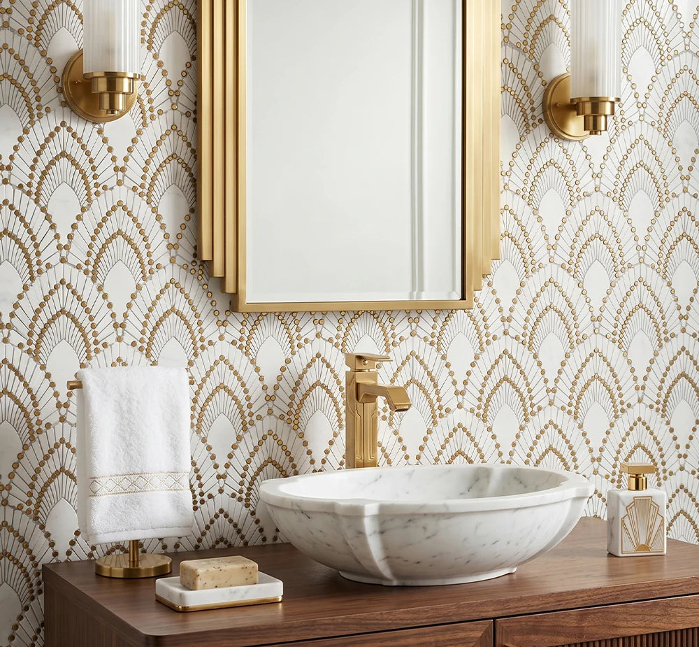 Sivec Metal Fan Shaped Waterjet Marble Mosaic Tile by VORELLI®