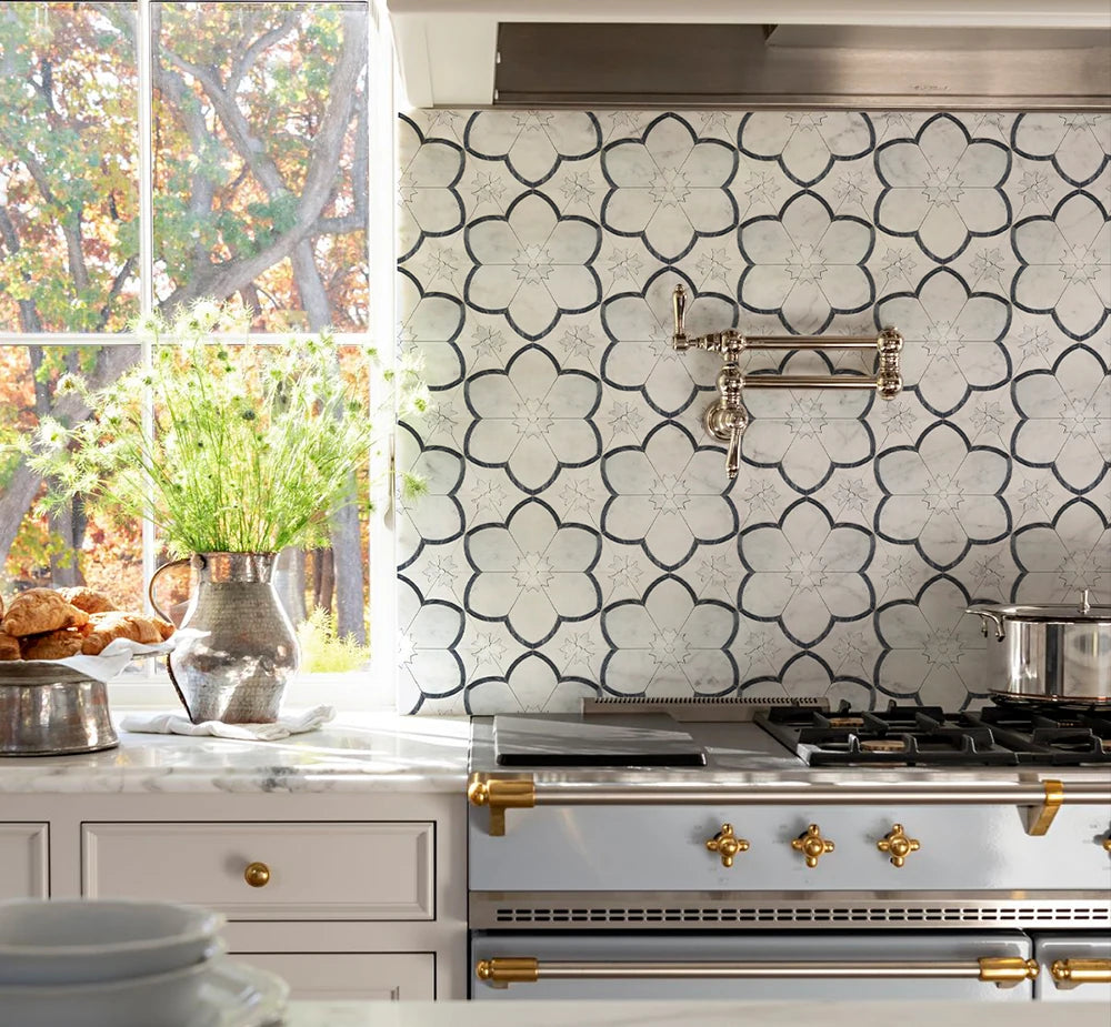 Six Petal Flowers Waterjet Marble Mosaic luxury mixed waterjet marble mosaic for premium UK interiors
