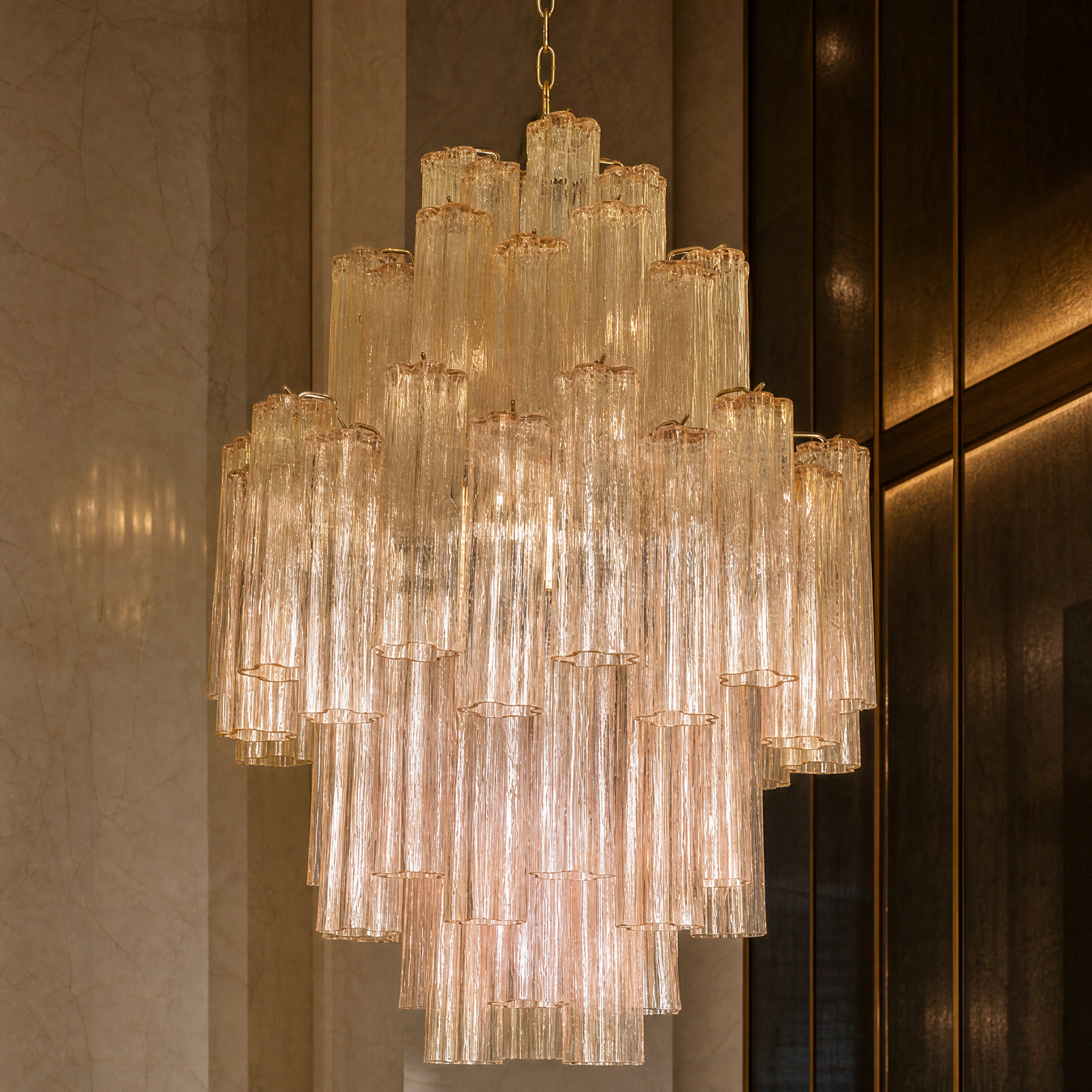 Sofia Tronchi Murano Glass Staircase Chandelier close-up luxury lifestyle hero image by VORELLI