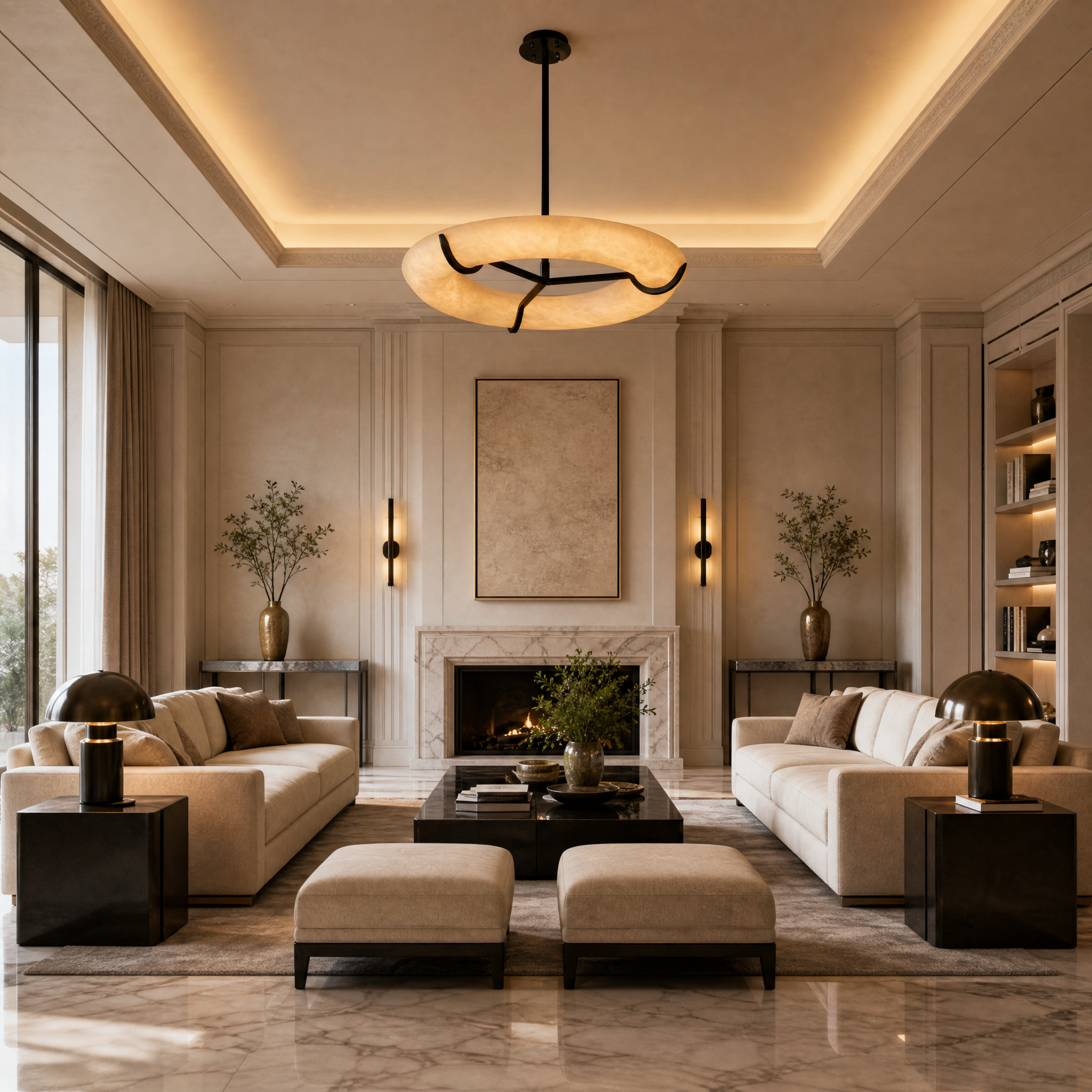 The VORELLI Sorano Marble Circular Chandelier suspended above a modern dining room table in a high-end residential interior.