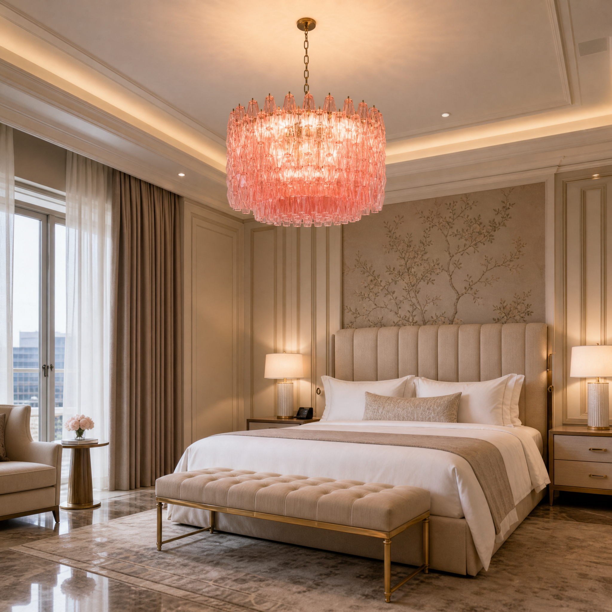Elegant VORELLI Sorrentino circular glass chandelier creating a vintage mood in a high-end hospitality lounge or dressing room.