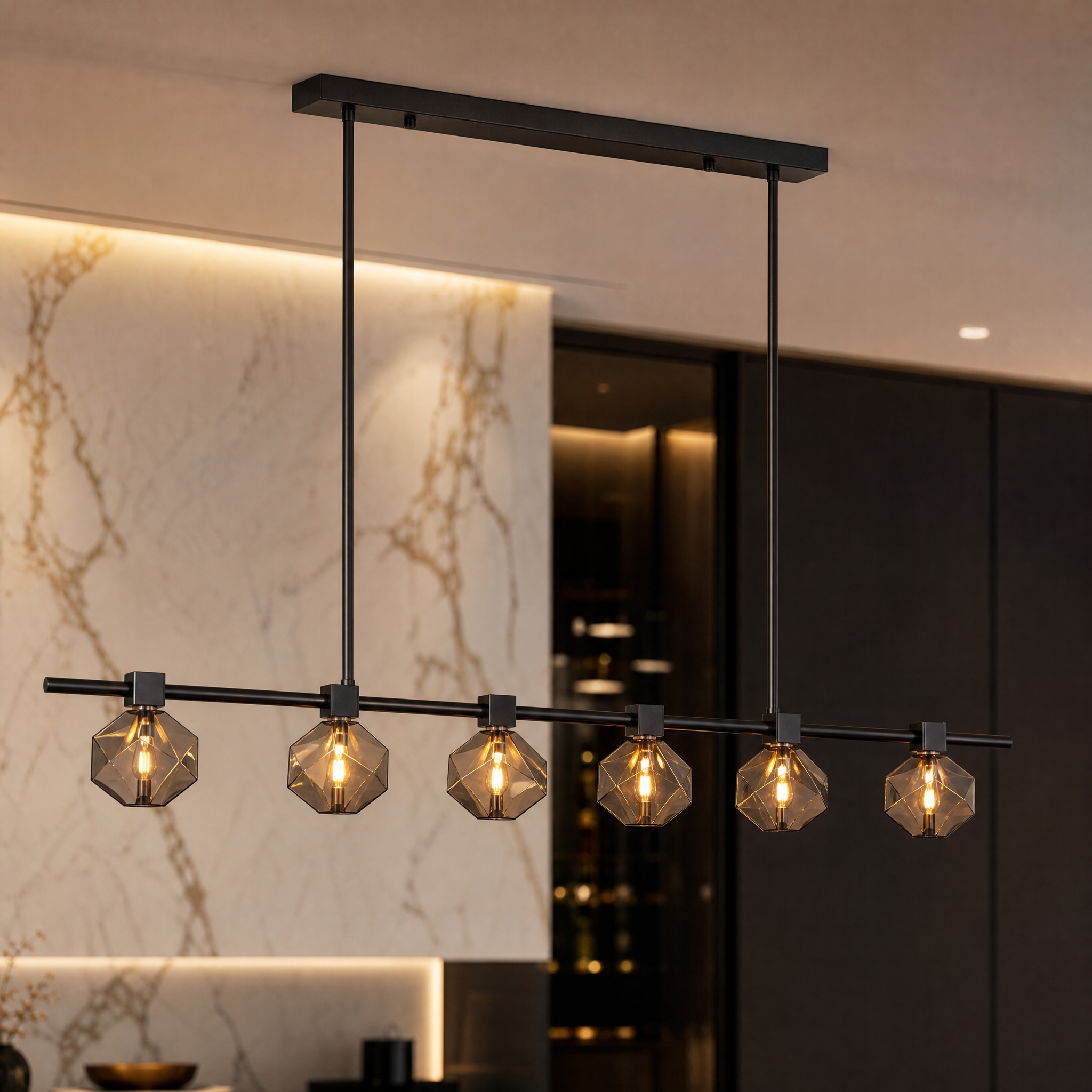 Close-up detail of the faceted crystal cubes on the VORELLI Sorrento rectangular chandelier highlighting the brilliant shimmer.