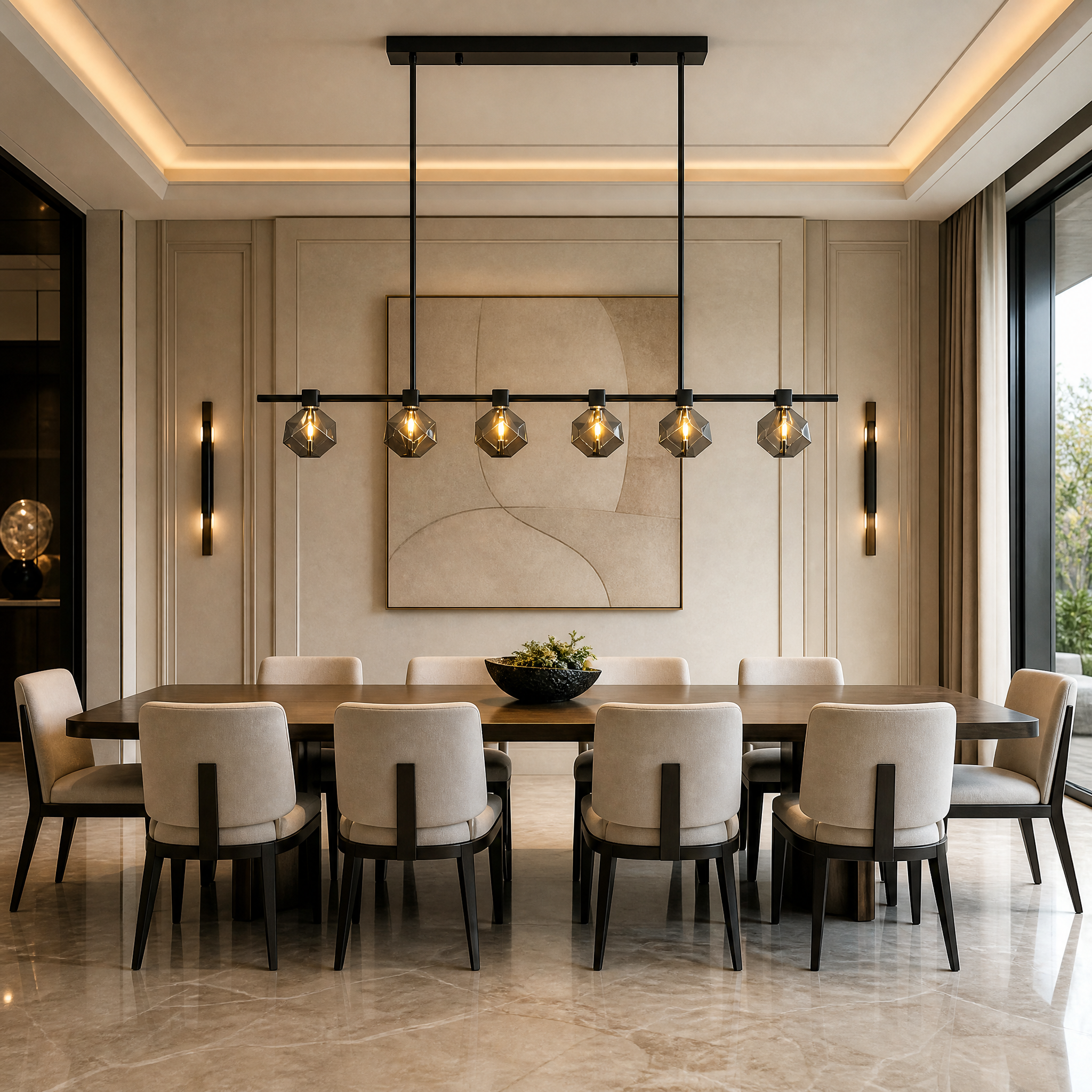 VORELLI Sorrento rectangular crystal chandelier illuminating a modern luxury dining table setting.
