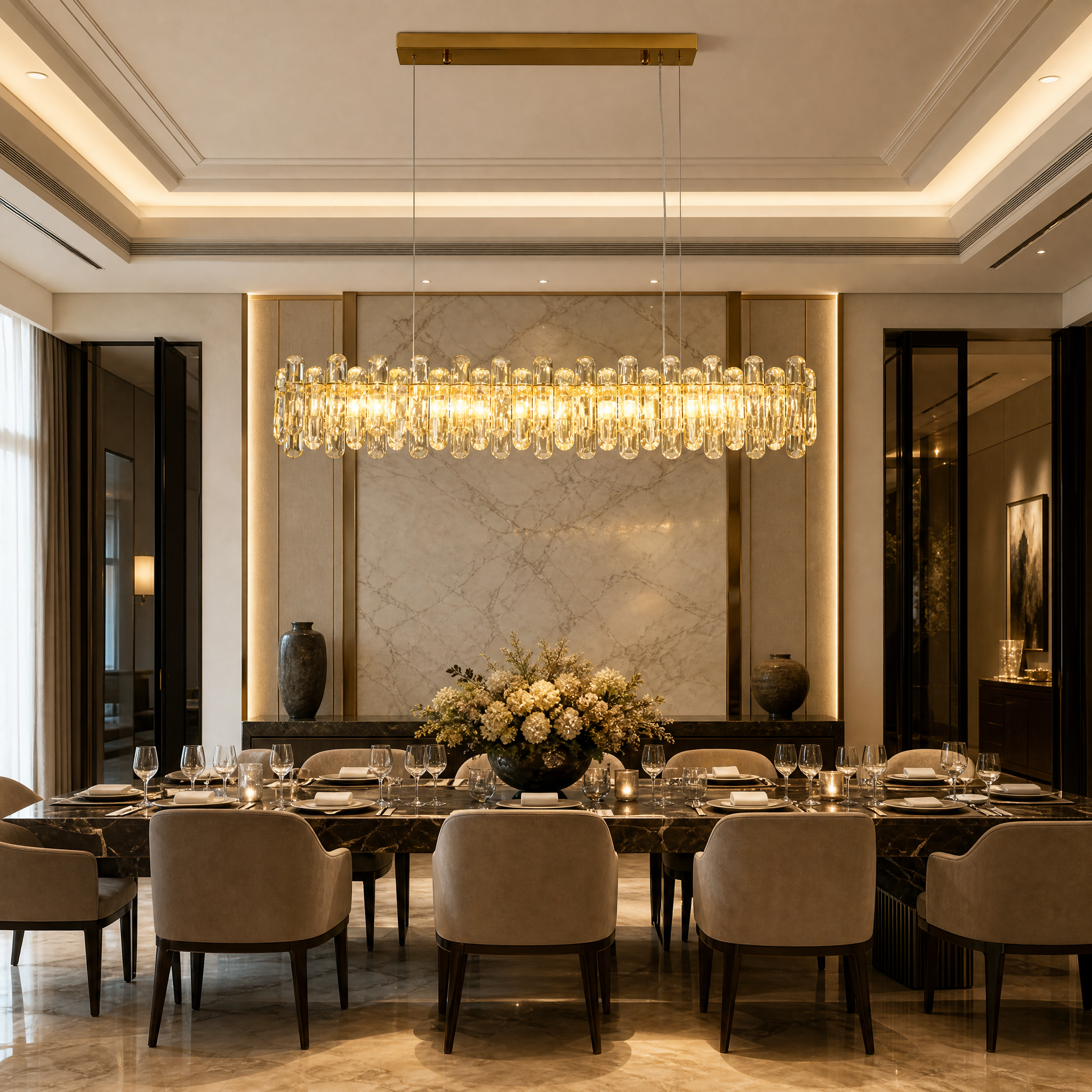 Luxury hospitality lobby featuring the contemporary VORELLI Stellina oblong textured crystal chandelier creating an elegant atmosphere.