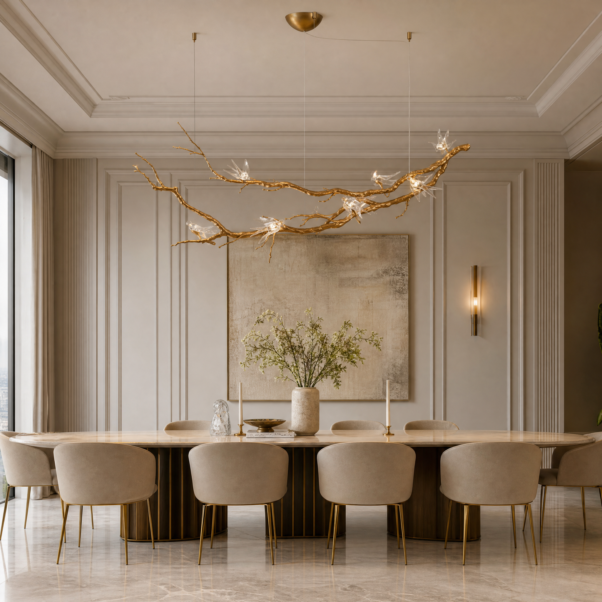 The VORELLI Swallow Bird Rectangular Chandelier casting a soft atmospheric glow over a luxury residential dining table, highlighting its sculptural branching forms.