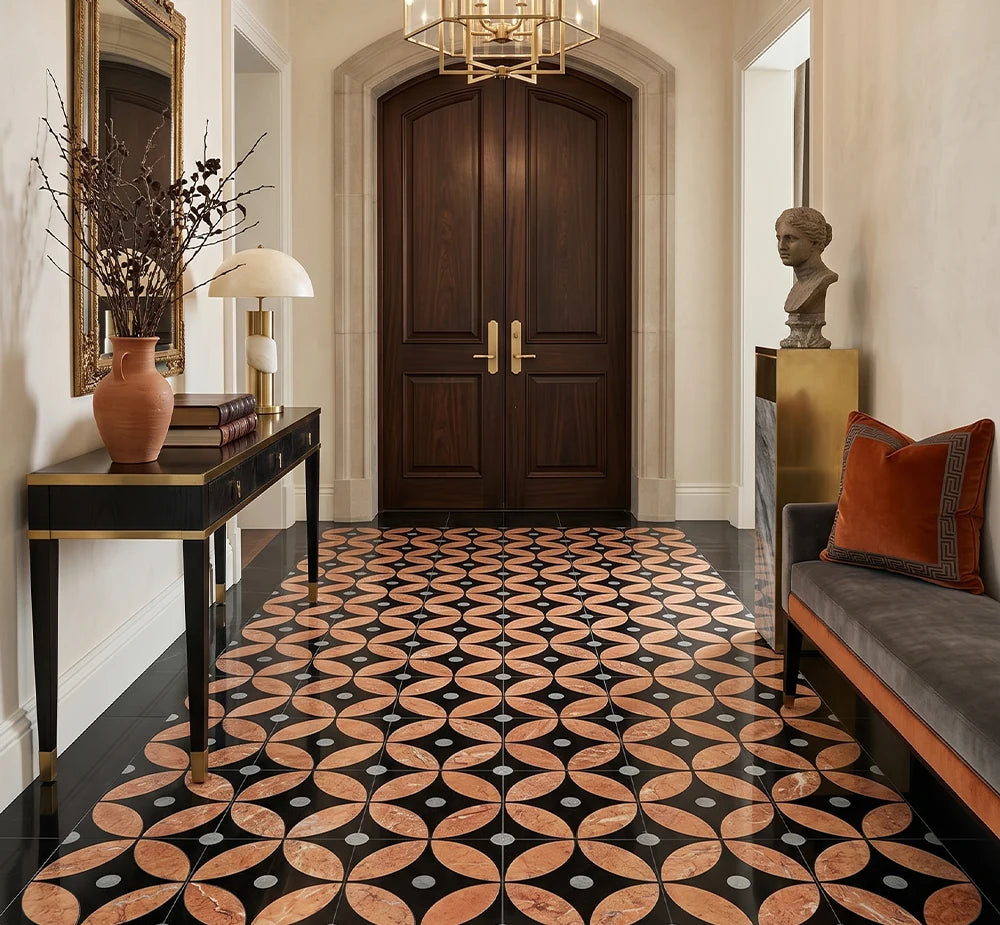 Tea Rose Black Jade Waterjet Marble Mosaic luxury black waterjet marble mosaic for premium UK interiors