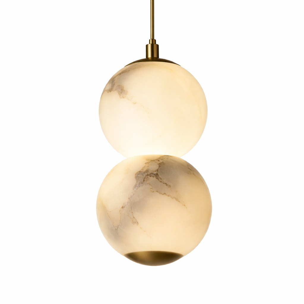 VORELLI Thea Marble Pendant Light showcasing its sculptural design and architectural symmetry in an elegant, minimalist setting.