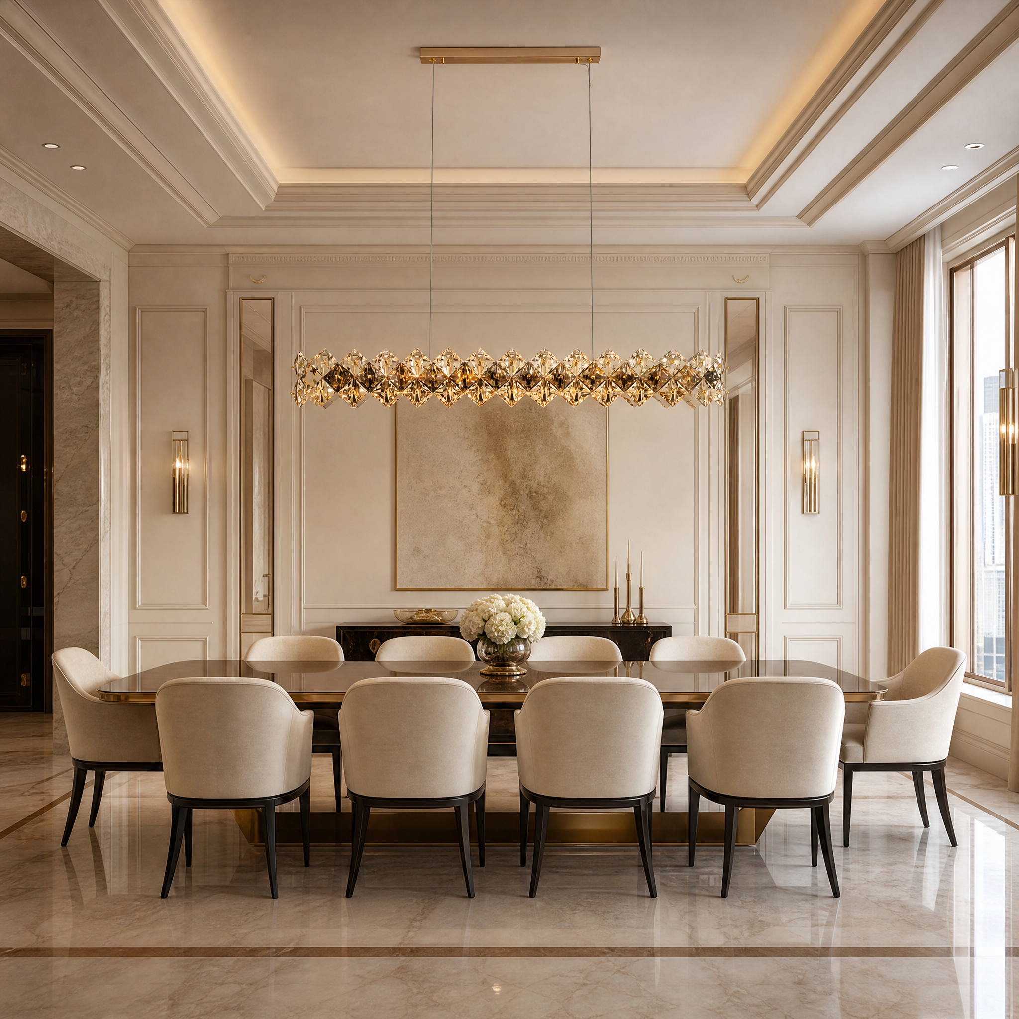 The VORELLI Thirlmere rectangular crystal chandelier illuminates a luxury modern dining room, casting a sophisticated glow over an upscale interior setting.