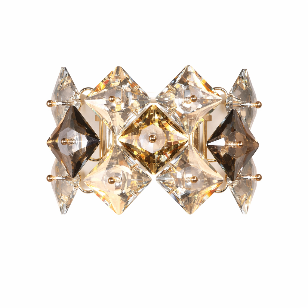 VORELLI Thirlmere wall light casting a warm, sophisticated glow through its geometric diamond cut crystal facets.