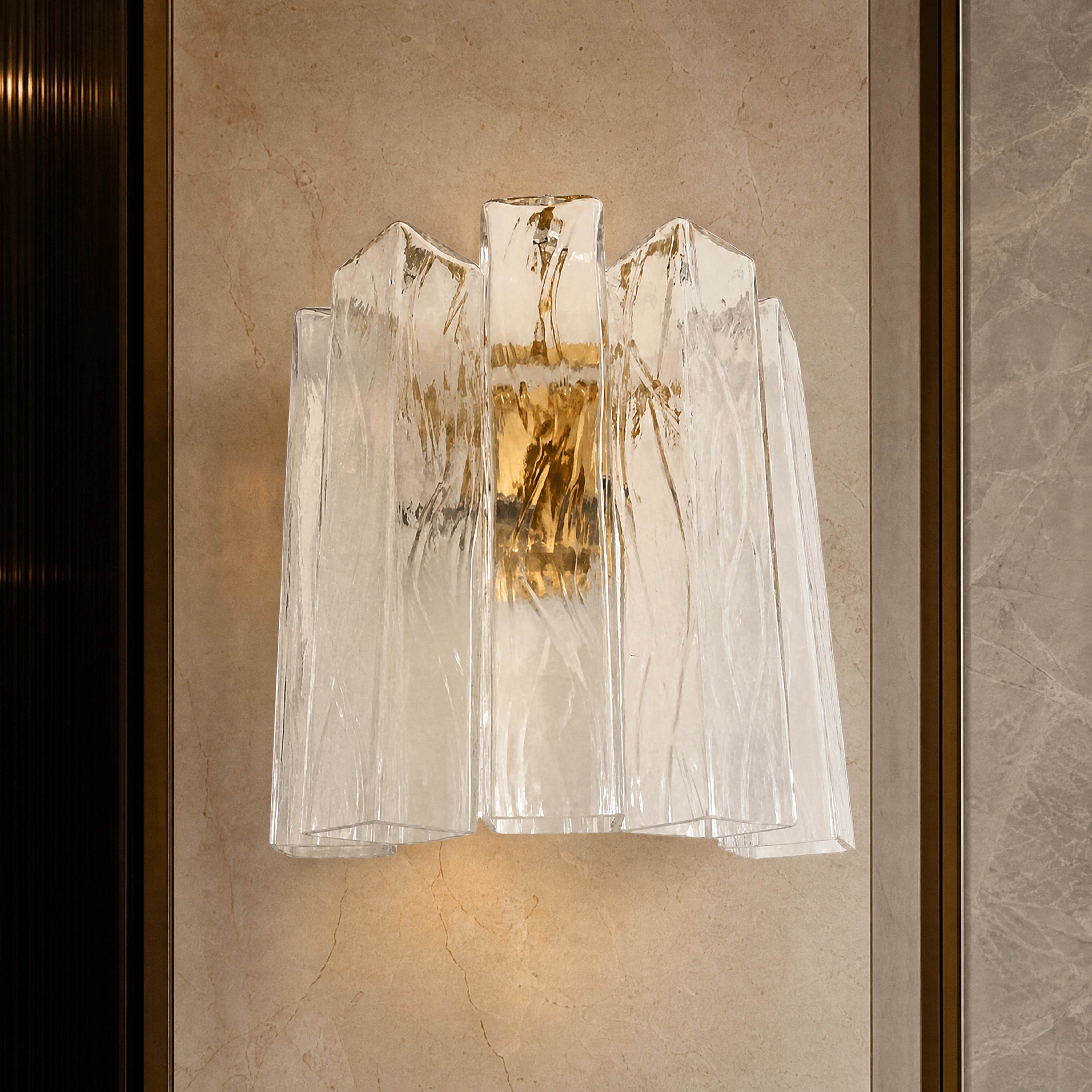 Tivoli Squares Murano Glass Wall Light close-up luxury lifestyle hero image by VORELLI
