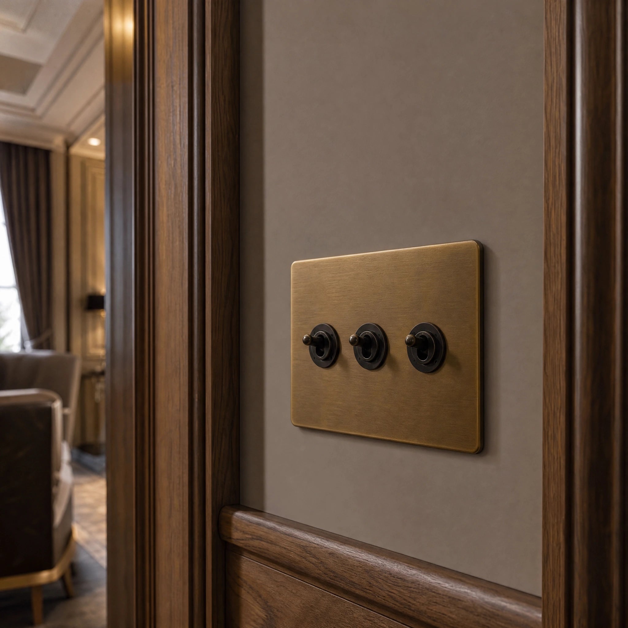 Close-up of a luxury antique brass toggle switch installed within feature wall beside an elegant doorway with refined timber panelling by VORELLI®.