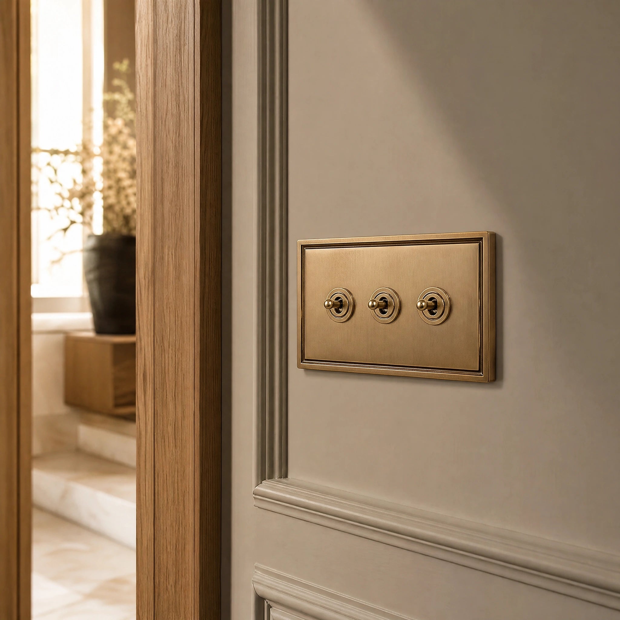 Close-up of a luxury antique brass toggle switch installed within feature wall beside an elegant doorway with refined timber panelling by VORELLI®.
