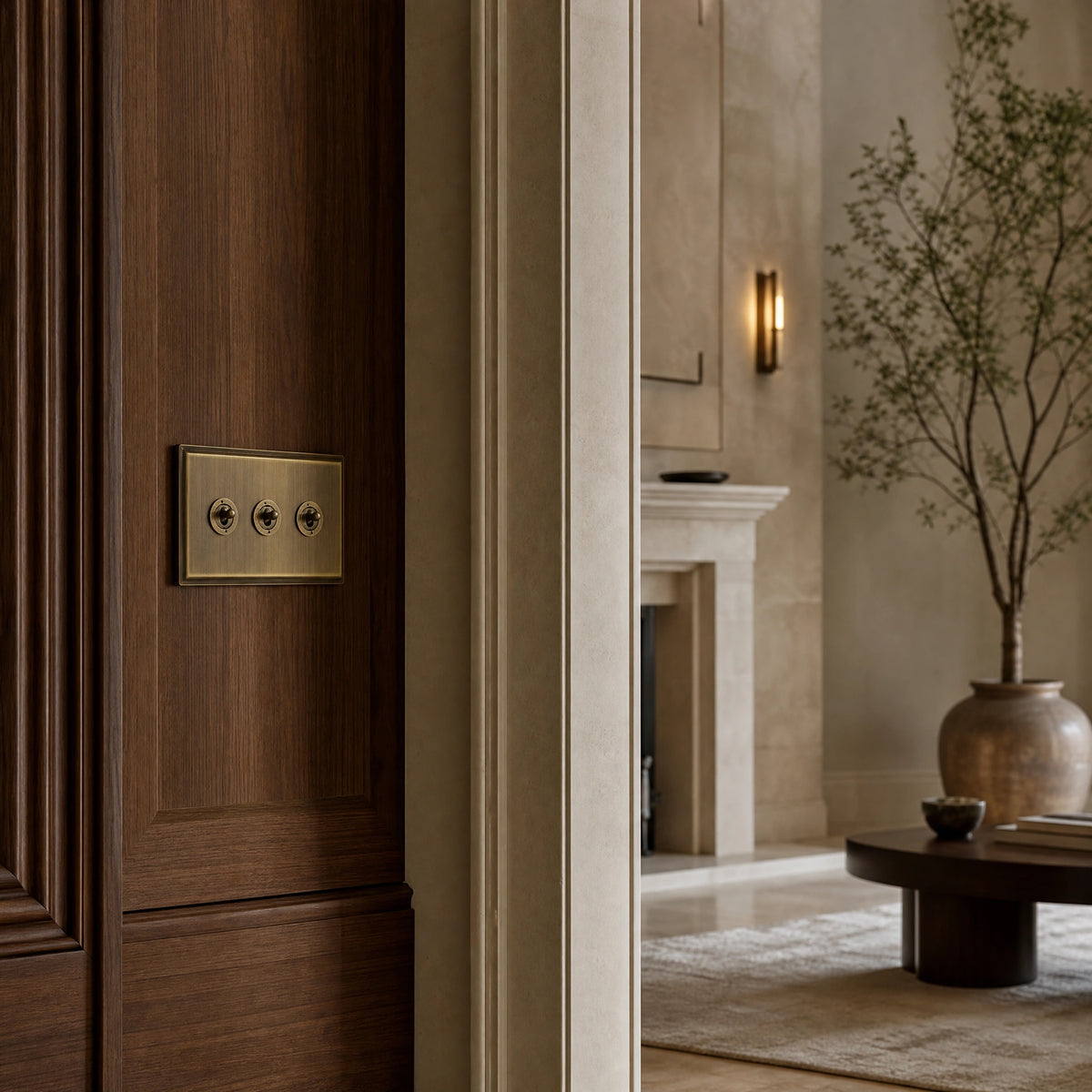 Luxury antique brass toggle switch installed within feature wall beside an elegant doorway with refined timber panelling in a UHNW interior by VORELLI®.