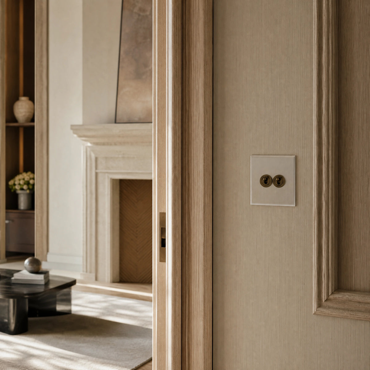 Luxury bronze antique toggle switch installed within feature wall beside an elegant doorway with refined timber panelling in a UHNW interior by VORELLI®.