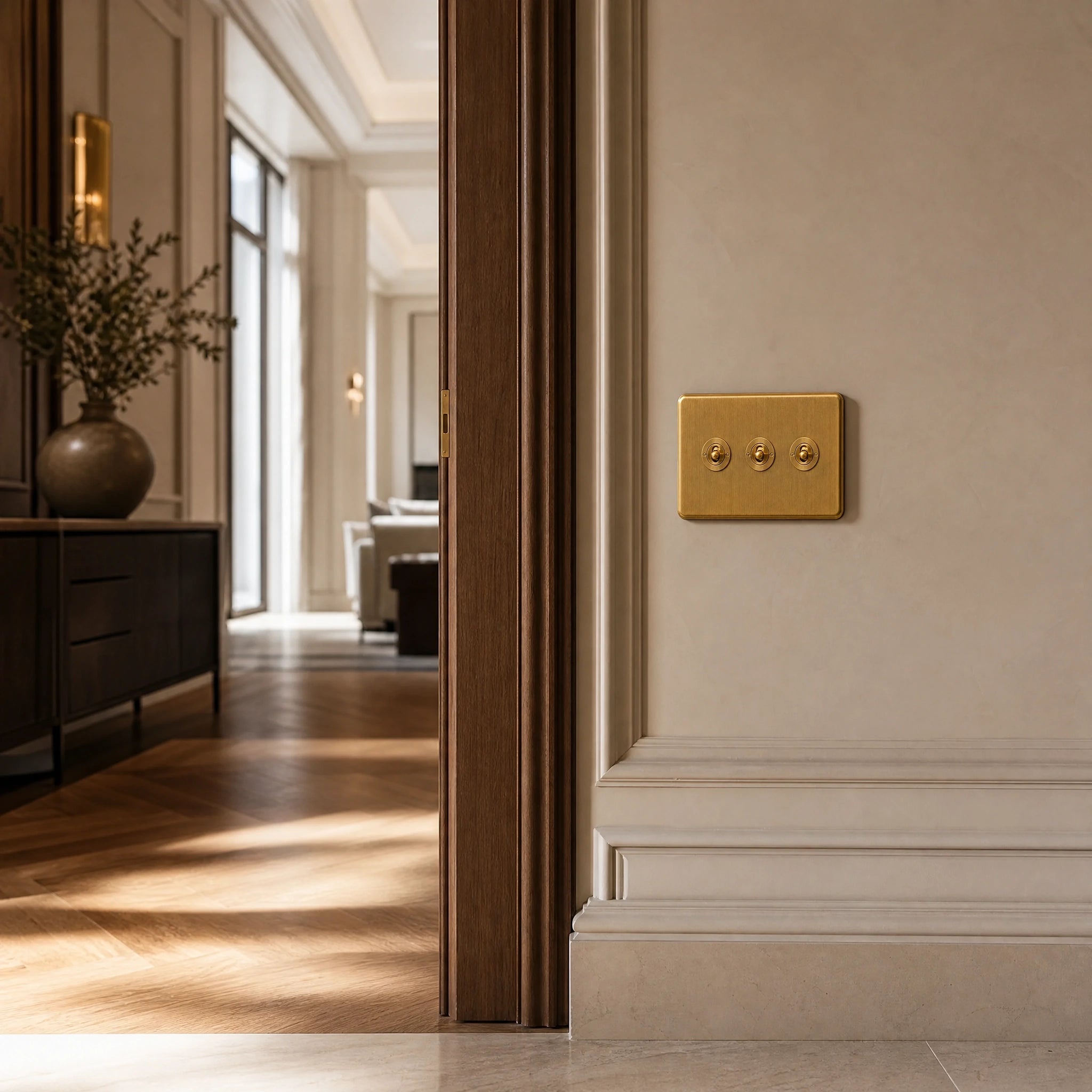 Luxury polished brass toggle switch installed within feature wall beside an elegant doorway with refined timber panelling in a UHNW interior by VORELLI®.