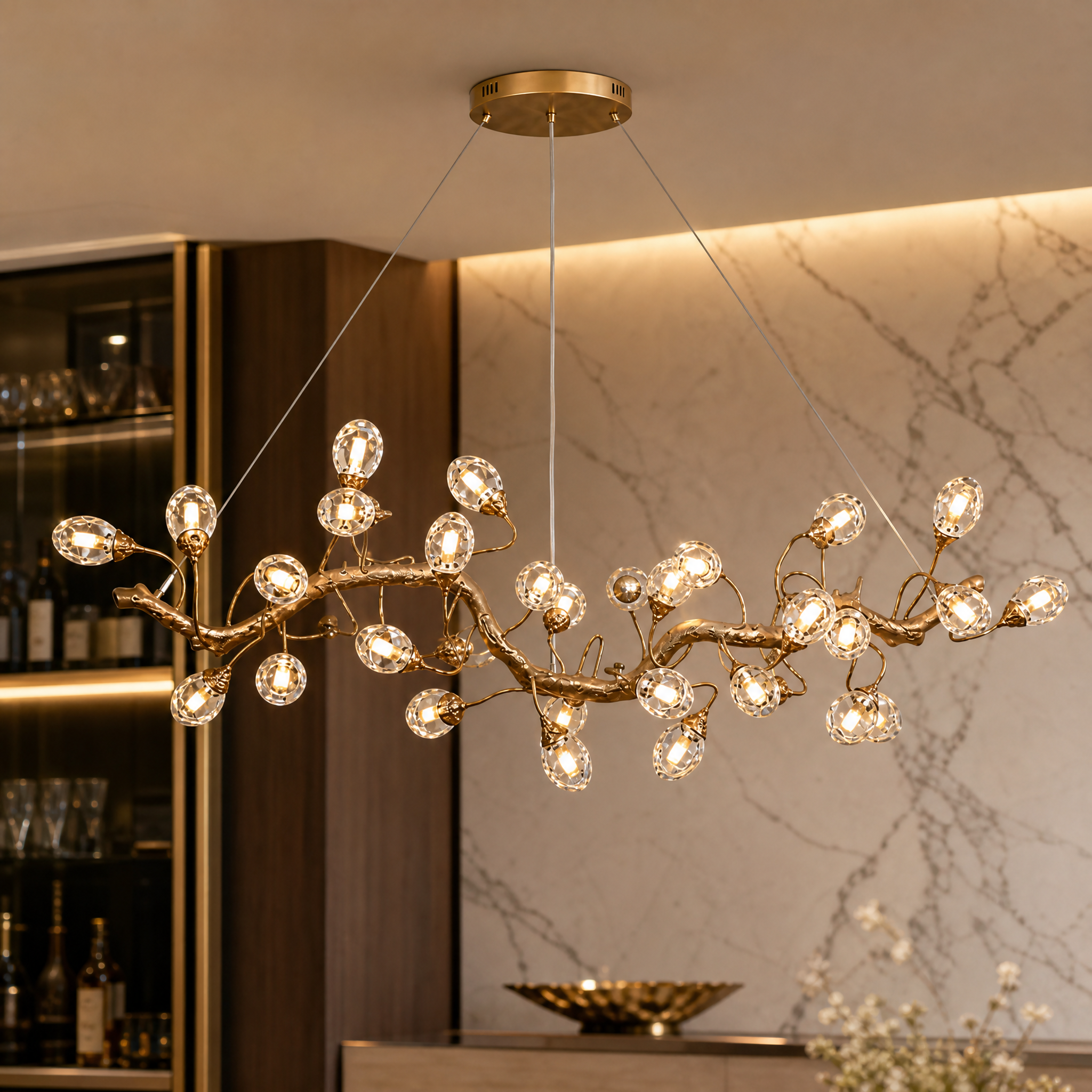 Macro detail of the softly illuminated glass elements on the VORELLI Tremezzo Rectangular Chandelier.