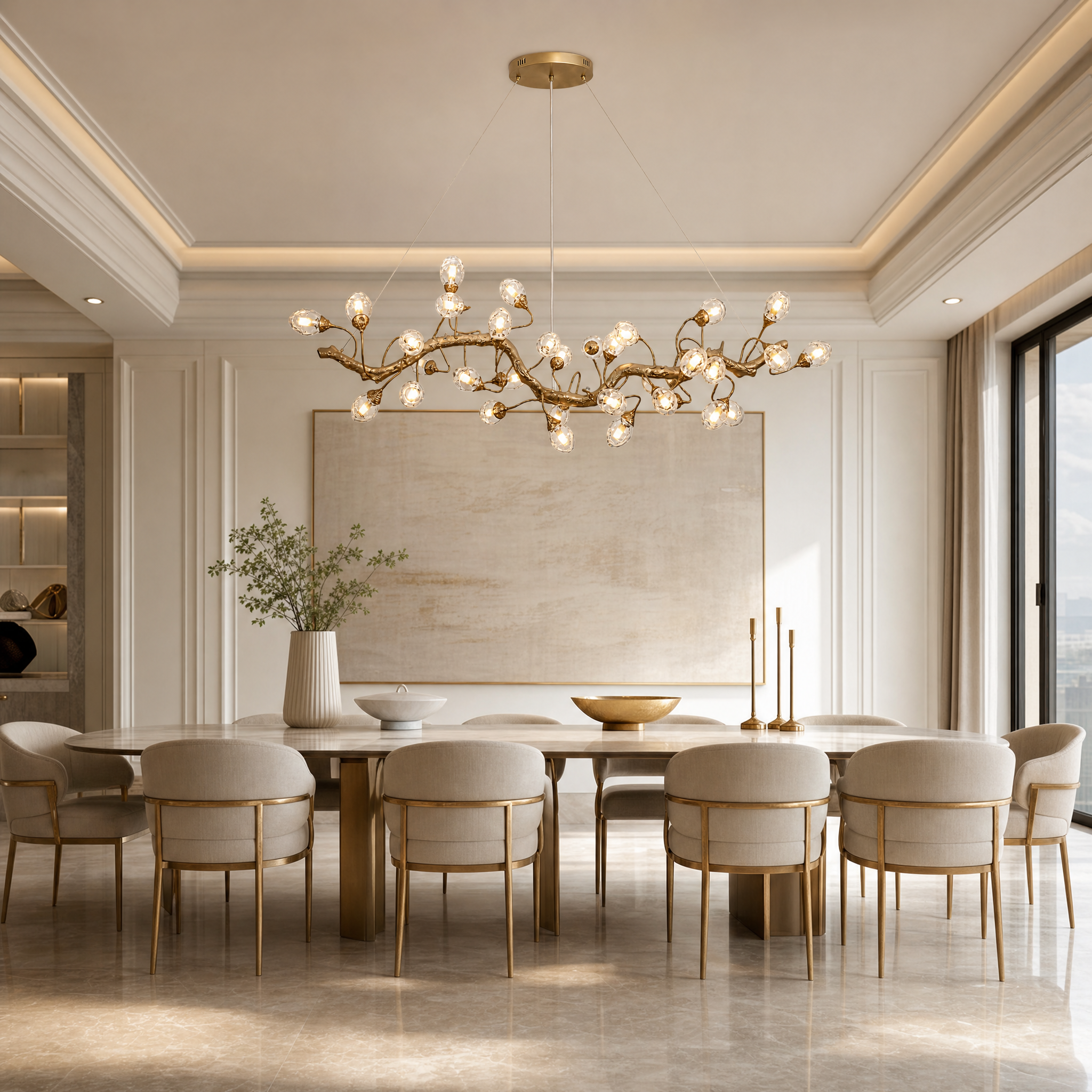 VORELLI Tremezzo Rectangular Chandelier illuminating a luxury residential dining room with a warm, sculptural glow.