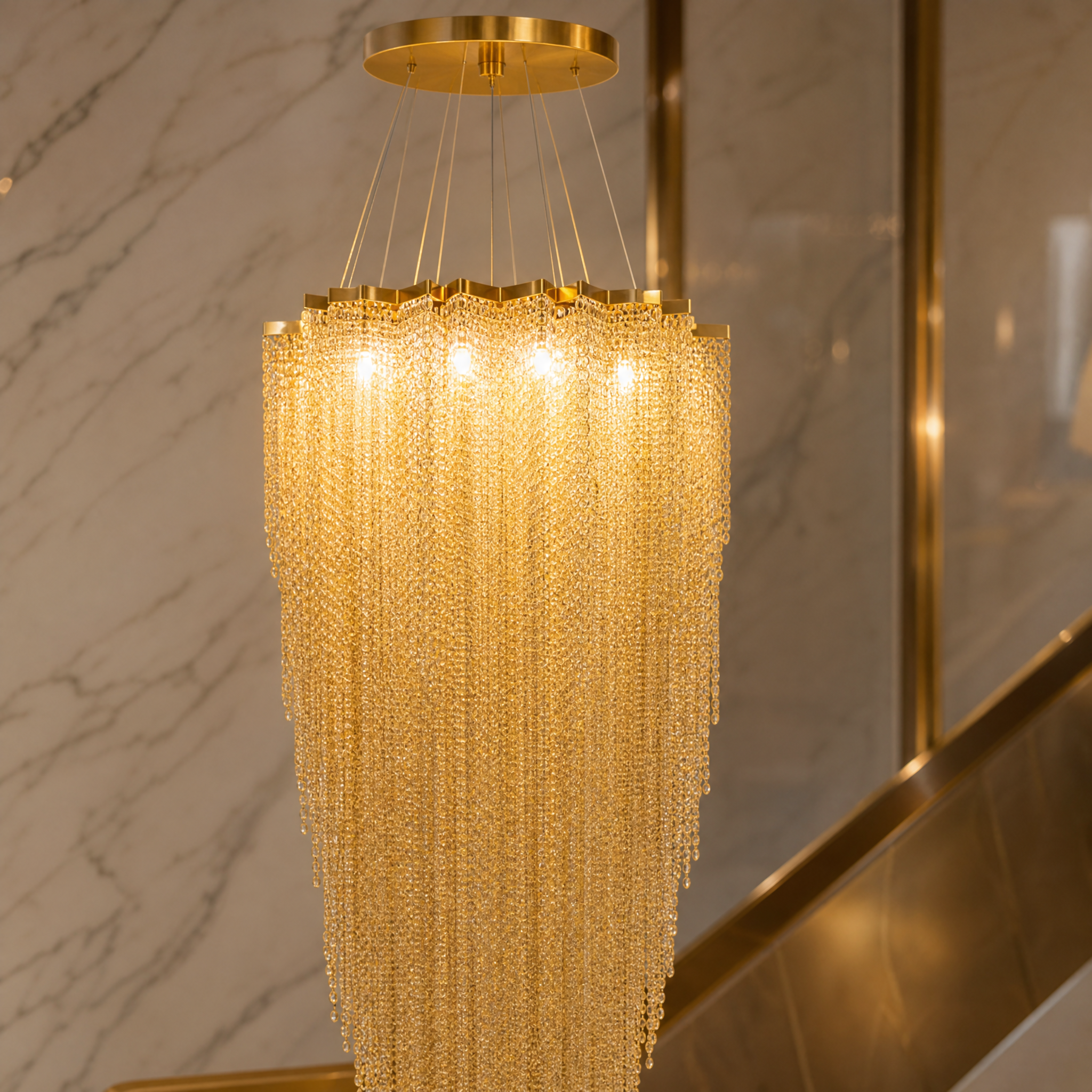 Macro close-up of VORELLI Trevi chandelier featuring intricate diamond-cut octagon crystal chains inspired by Rome's Trevi Fountain.