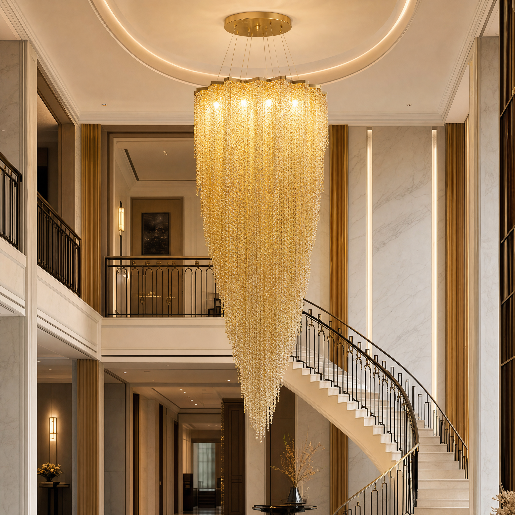 Grand VORELLI Trevi crystal chandelier installed in a high-end hospitality setting, creating a timeless and elegant ambiance.