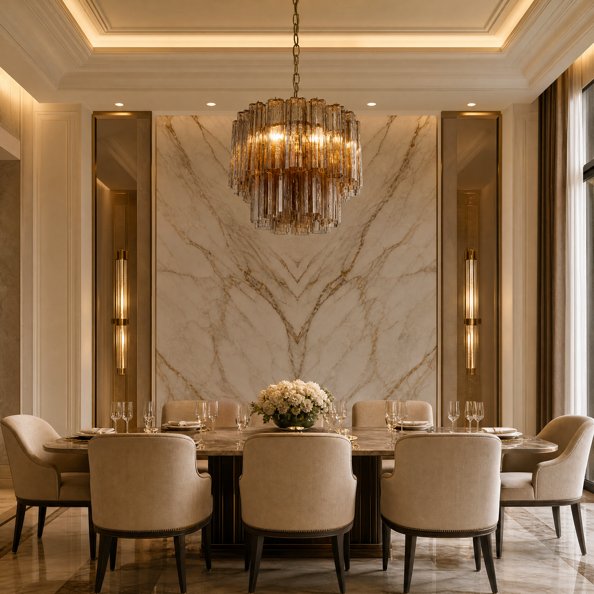 Two-tier VORELLI Trevisano glass tube chandelier on a satin brass frame illuminating an intimate boutique hotel lounge setting.