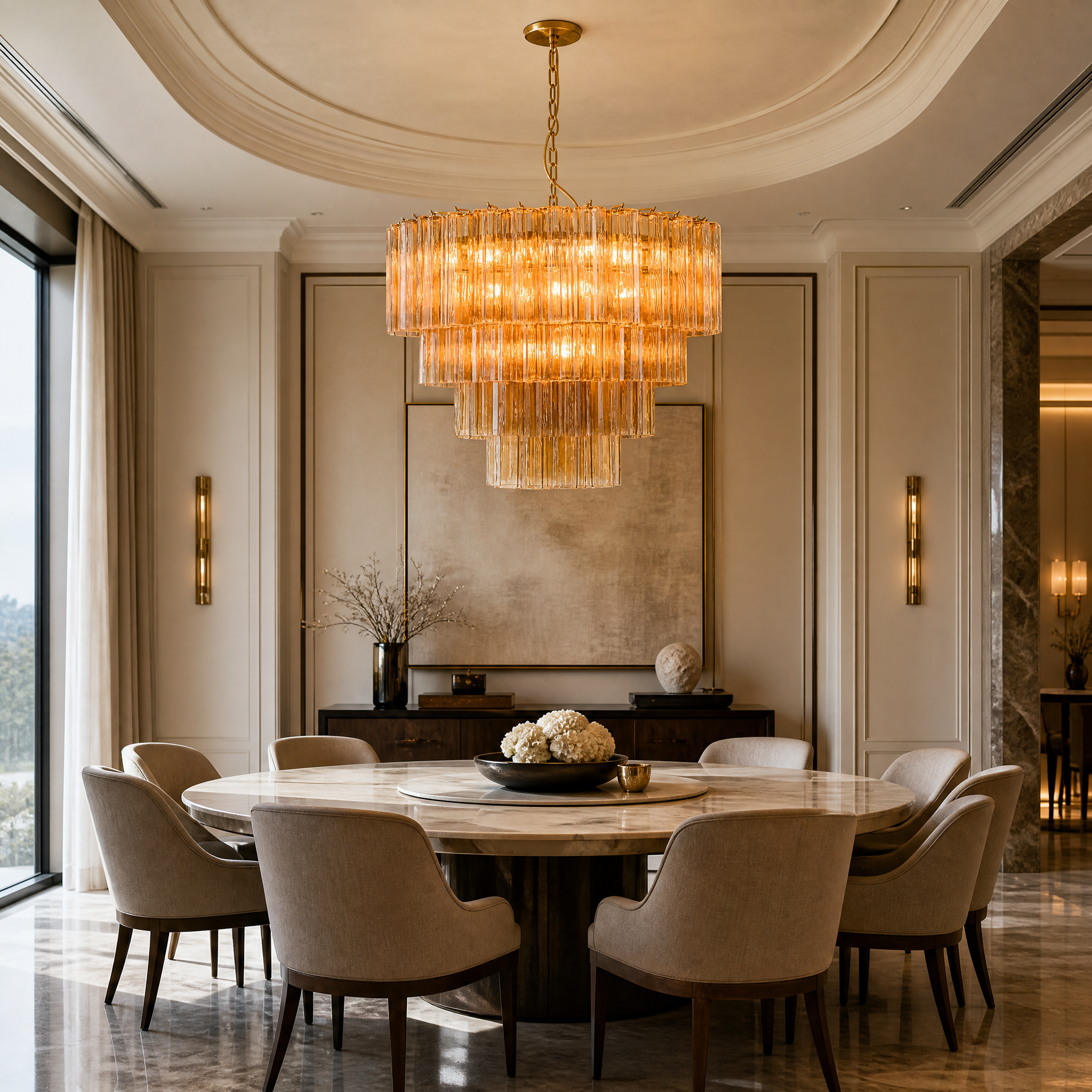 VORELLI Trevisano large circular chandelier installed in a luxury residential dining room with satin brass hardware.