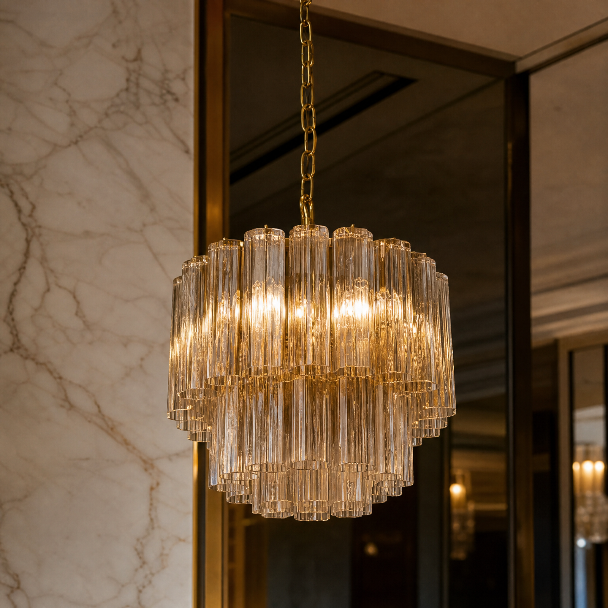 Detailed closeup of the VORELLI Trevisano pendant light showing individually hung fluted amber glass tubes on a premium satin brass frame.