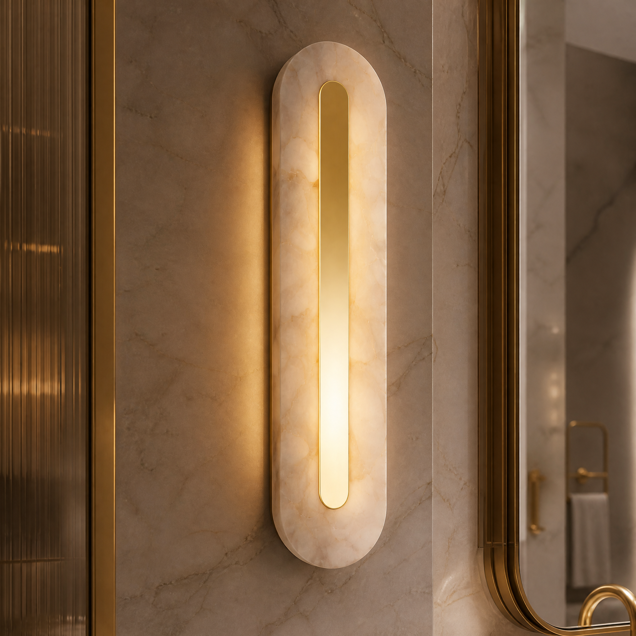 A detailed closeup of the VORELLI Treviso Wall Light, showcasing the seamless integration of warm-toned marble and a sleek brushed gold inlay.