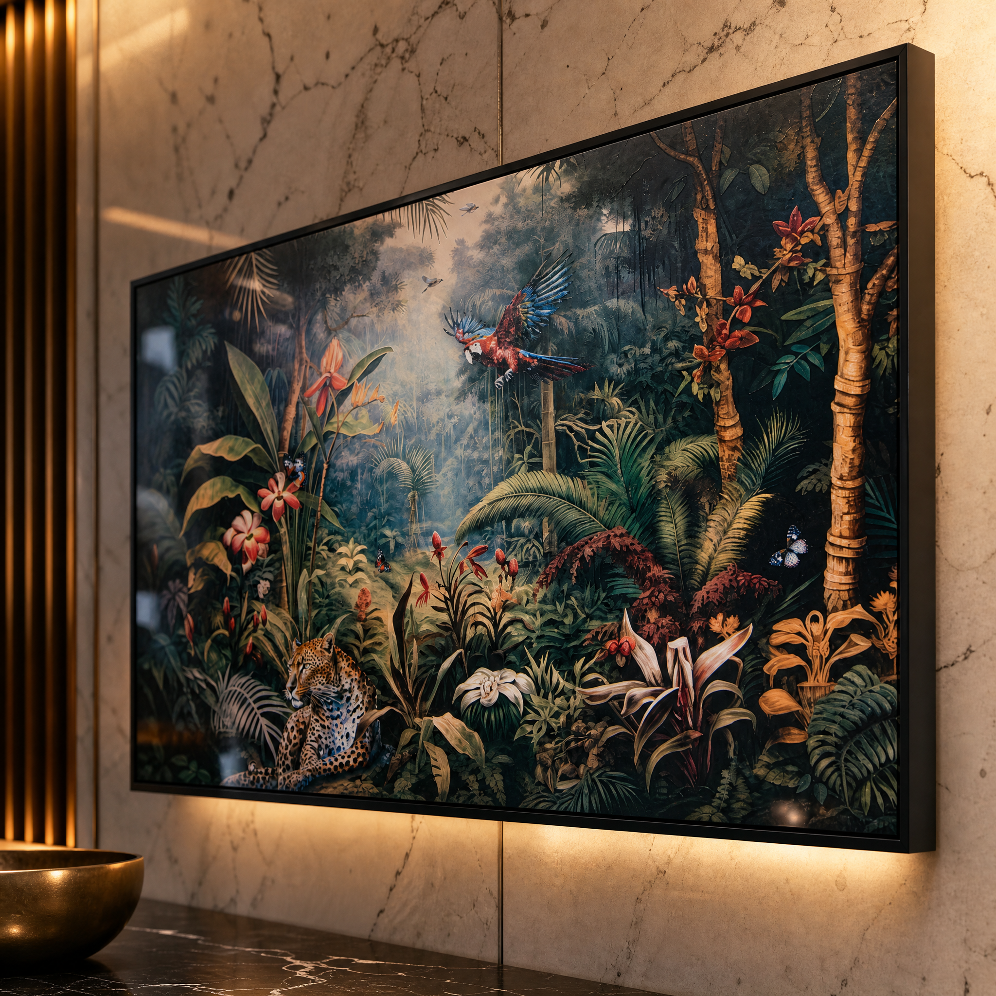 Macro close-up of the VORELLI® Tropessa Glass Art Canvas, highlighting the high-definition gloss finish, vivid tropical flora, and intricate details of the leopard.