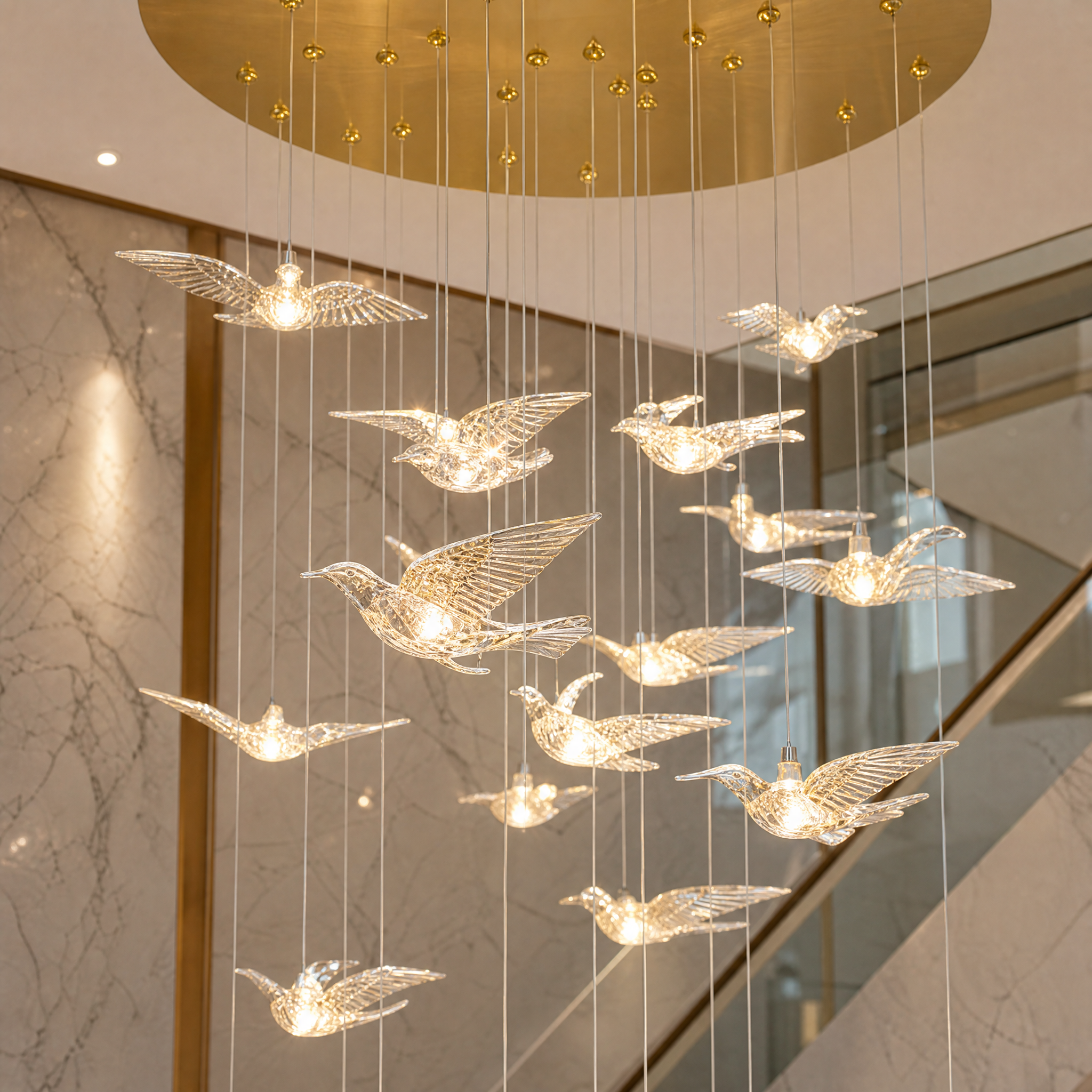 Macro view of the VORELLI Uccello chandelier highlighting the intricate details of the delicate crystal birds and modern luxury finish.