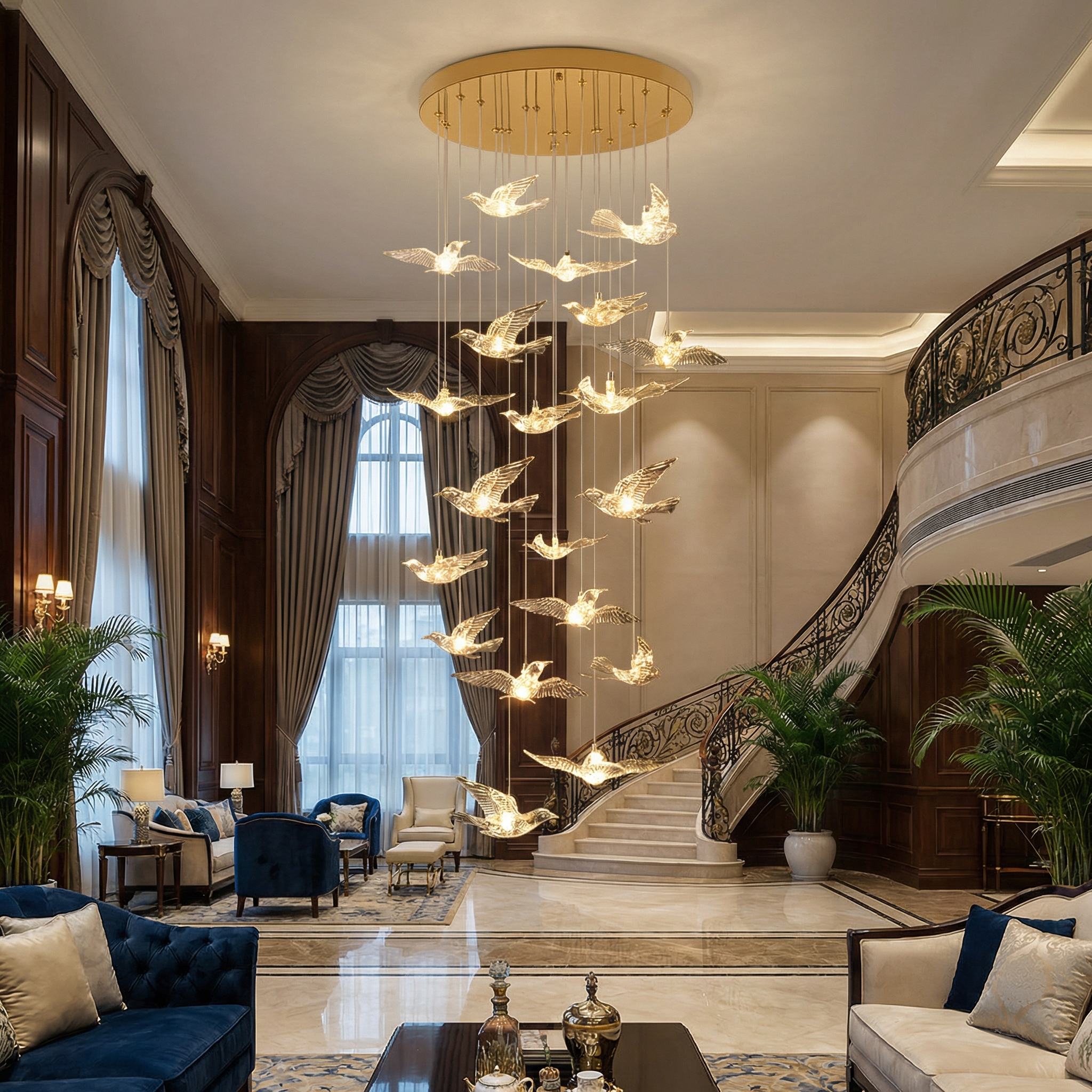 VORELLI Uccello pendant staircase chandelier with illuminated sculptural birds in a luxury double-height interior