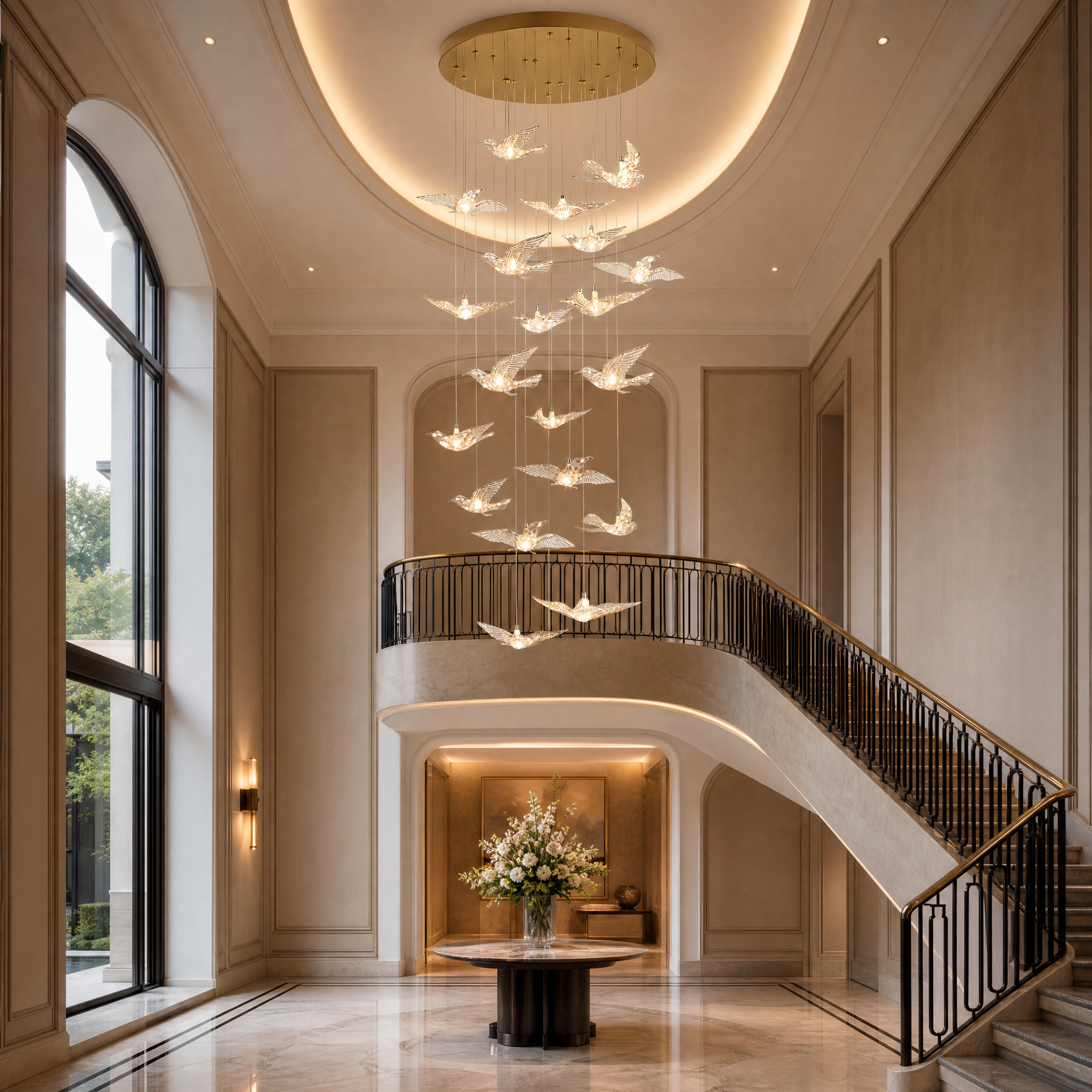 VORELLI Uccello pendant staircase chandelier cascading through a luxury residential grand entryway with modern interior design.
