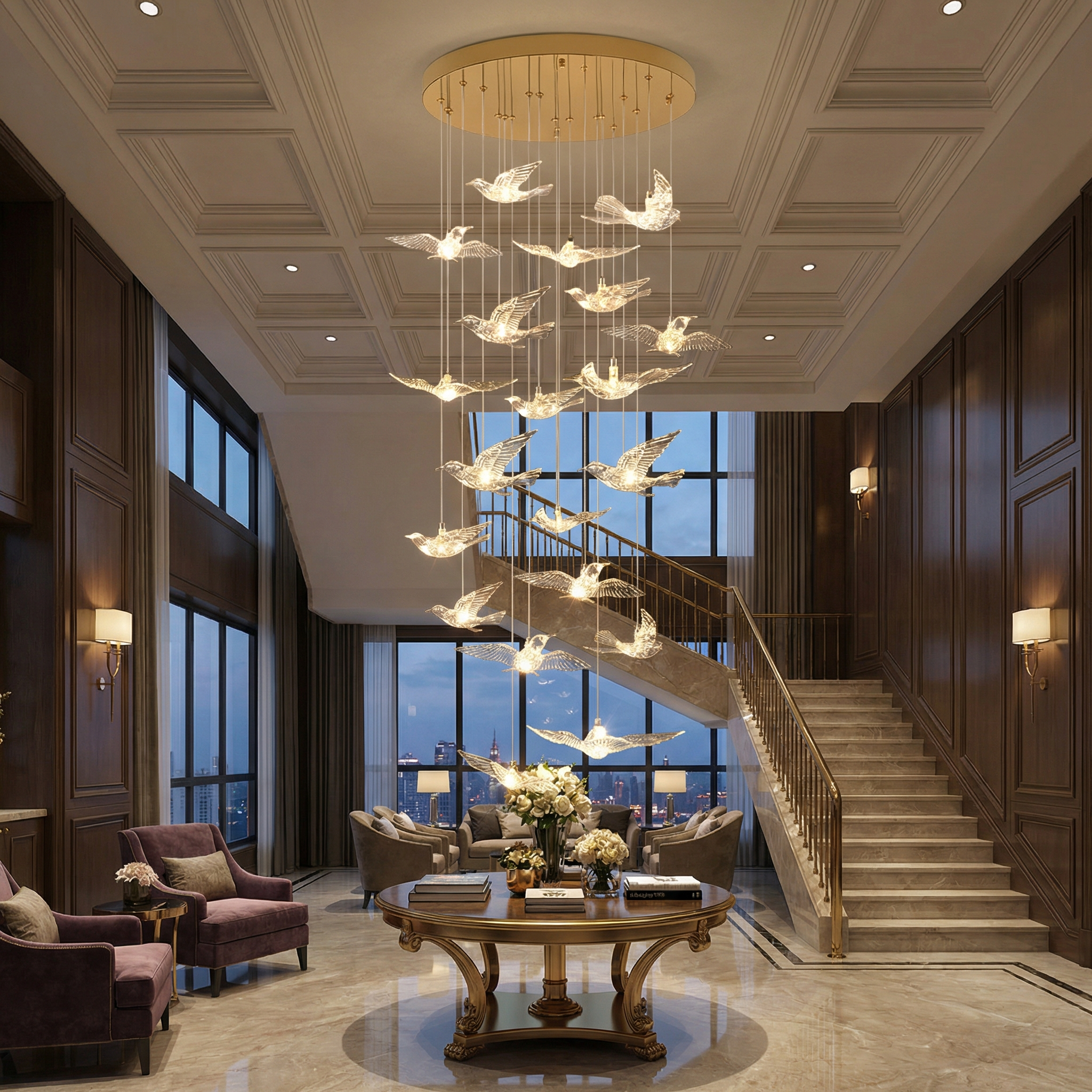 Luxury staircase chandelier with glowing bird pendants cascading from a circular ceiling plate in a grand residence
