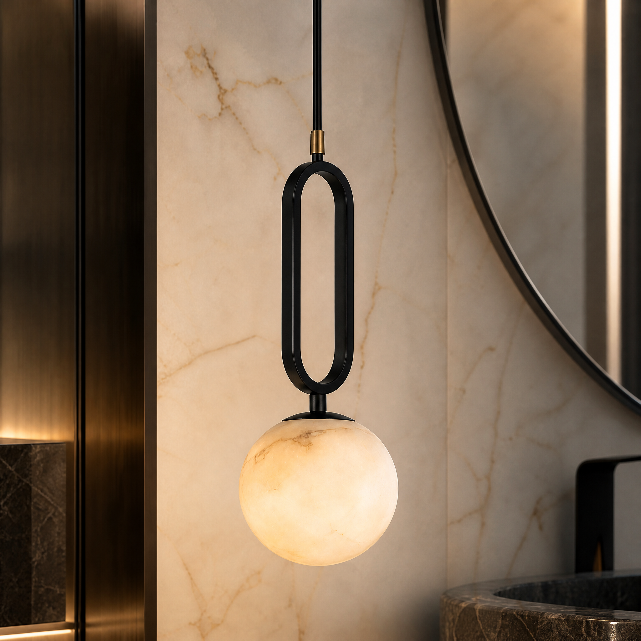 Macro closeup of the VORELLI Uno pendant light showcasing the refined natural veining and elegant simplicity of the glowing marble sphere.