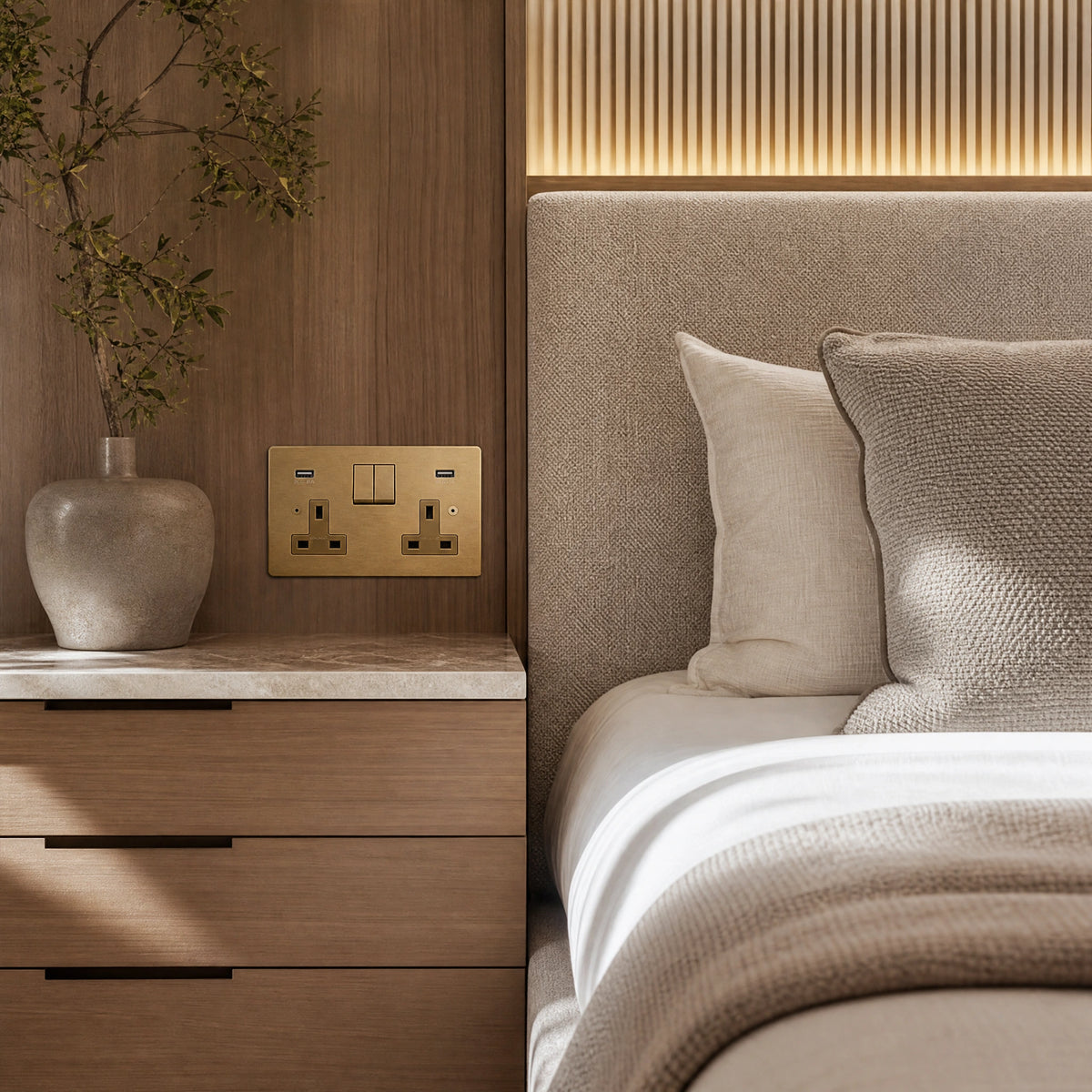Luxury antique brass usb socket installed within bespoke bedside joinery in a luxury bedroom suite in a UHNW interior by VORELLI®.