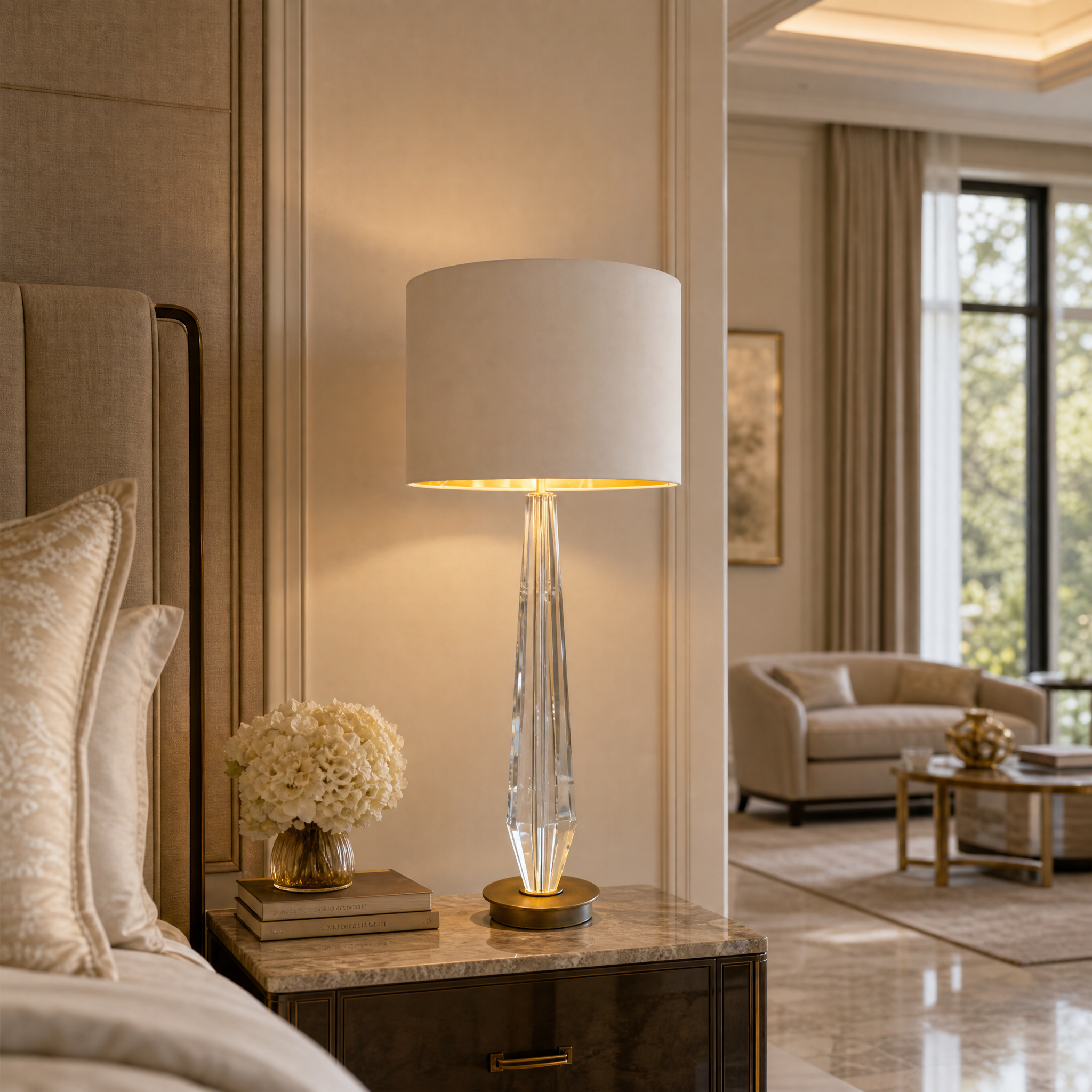 VORELLI Valcren crystal table lamp with antique brass detailing on a luxury residential bedside table, diffusing a warm glow.