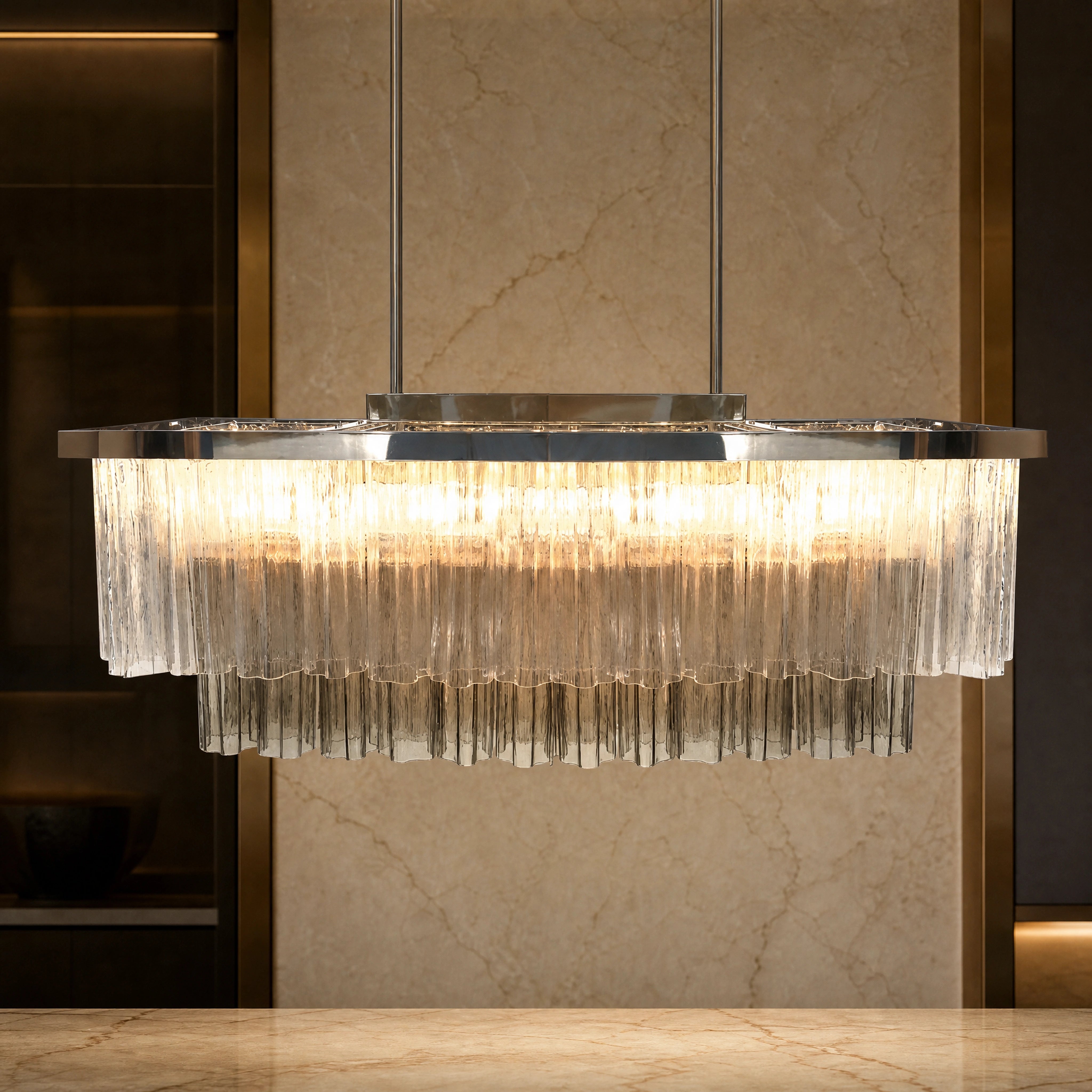 Valeria Tronchi Murano Glass Rectangular Chandelier close-up luxury lifestyle hero image by VORELLI