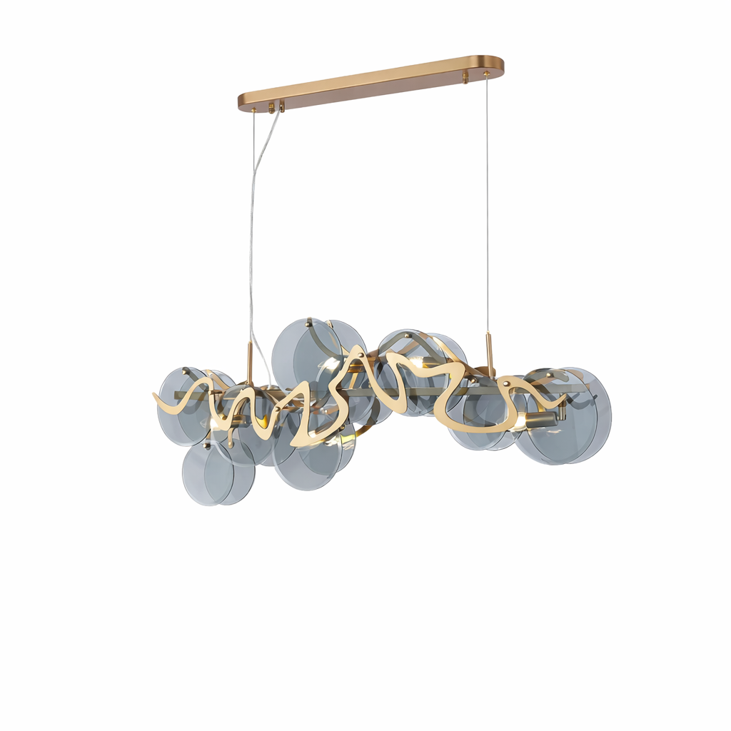 VORELLI Valparaíso Cristóbal rectangular chandelier casting an elegant, atmospheric glow with detailed textures of smoky glass.