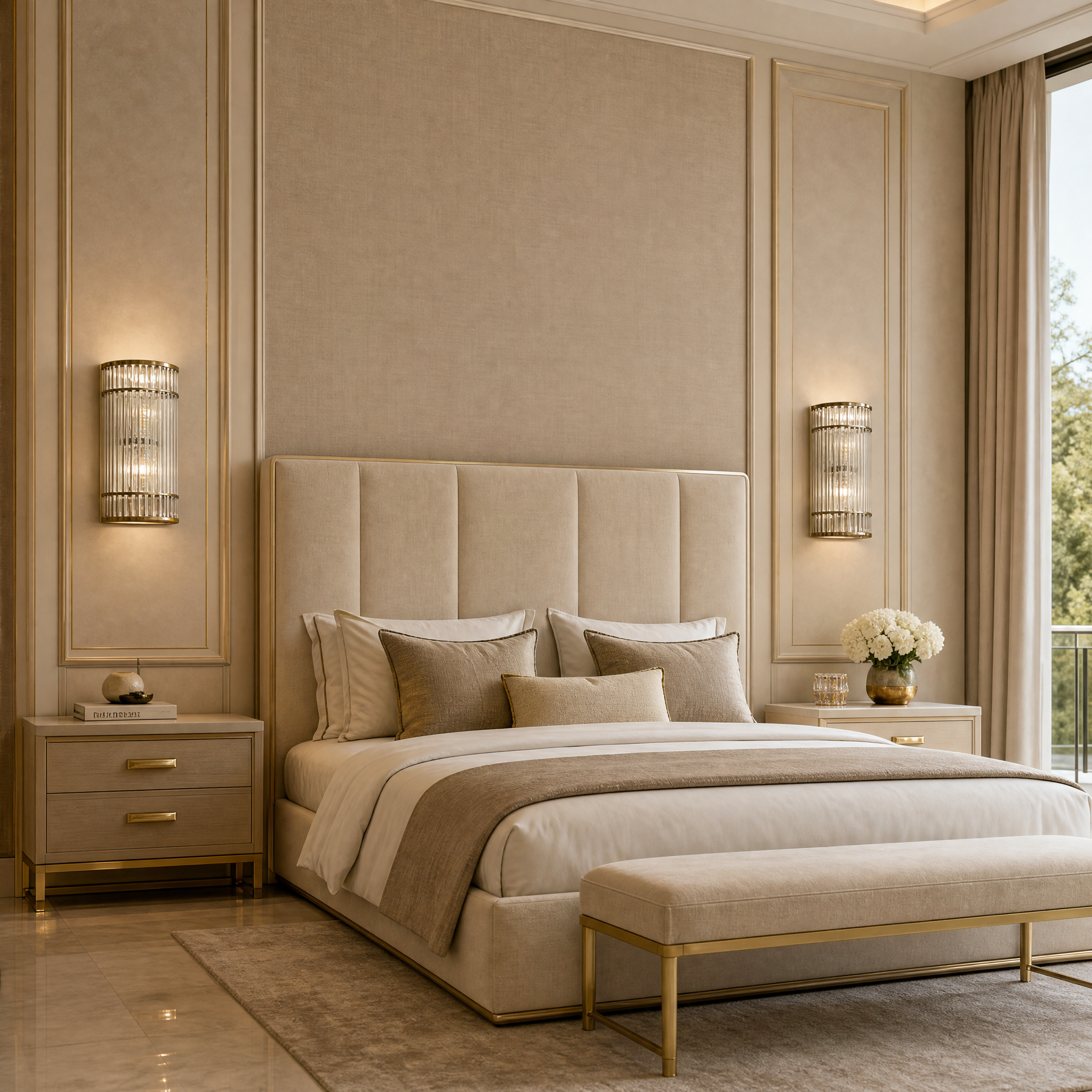 VORELLI Vantore IP65 wall light illuminating a contemporary residential patio with warm champagne tones and ribbed glass texture.