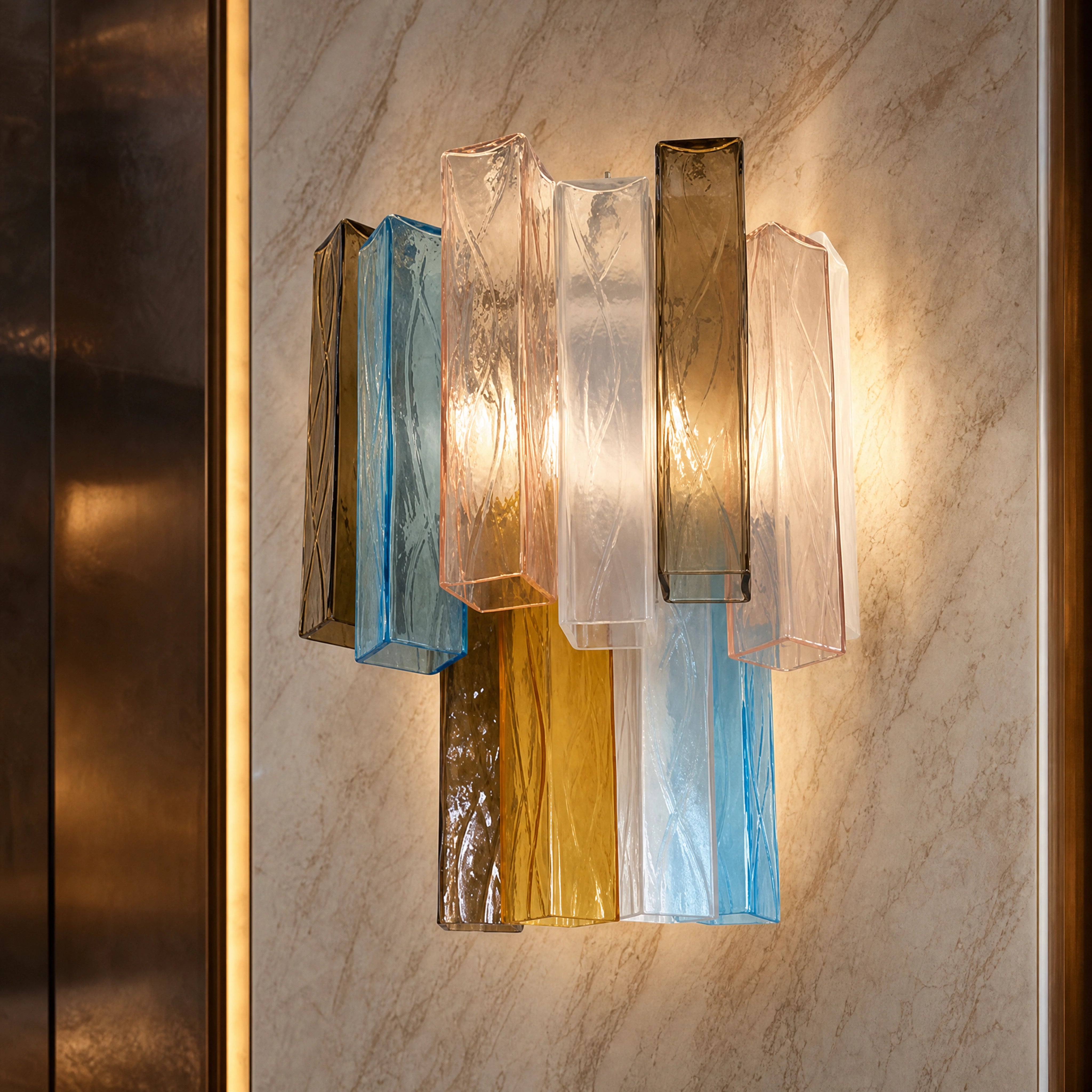 Varese Squares Murano Glass Wall Light close-up luxury lifestyle hero image by VORELLI