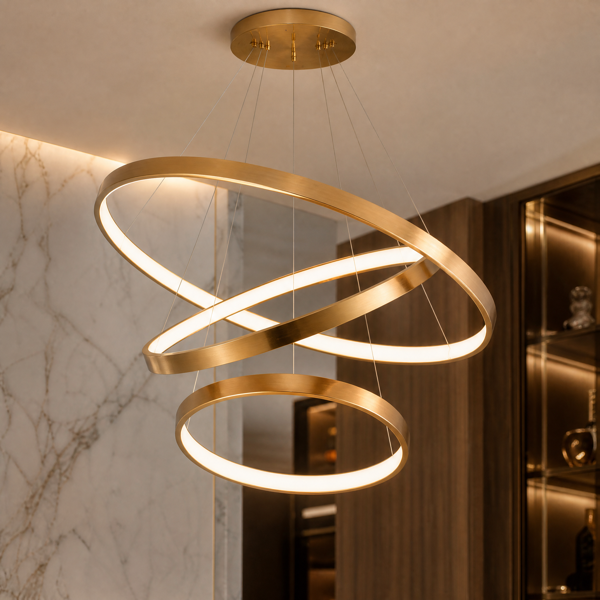 Detailed closeup of the premium finish and sleek modern design of the VORELLI Veneto circular chandelier LED rings.