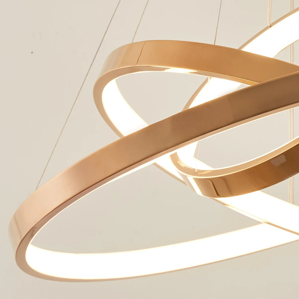 Close-up of LED ring chandelier showing smooth circular form and refined modern lighting design