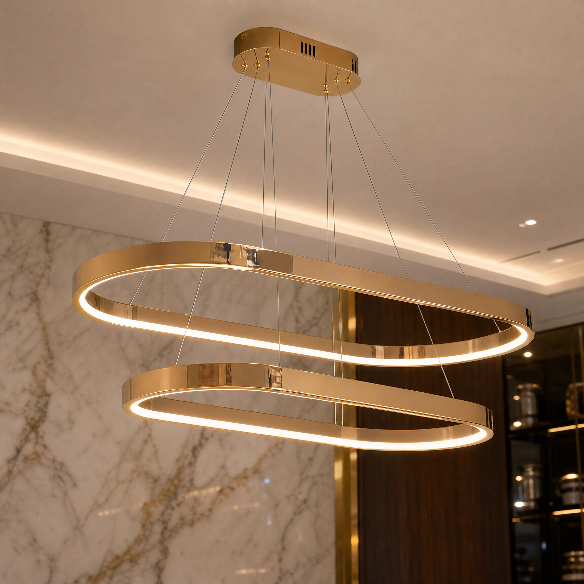 Detailed closeup shot of the premium crystal and exquisite metal finish on the VORELLI Veneto Ring Rectangular Chandelier.