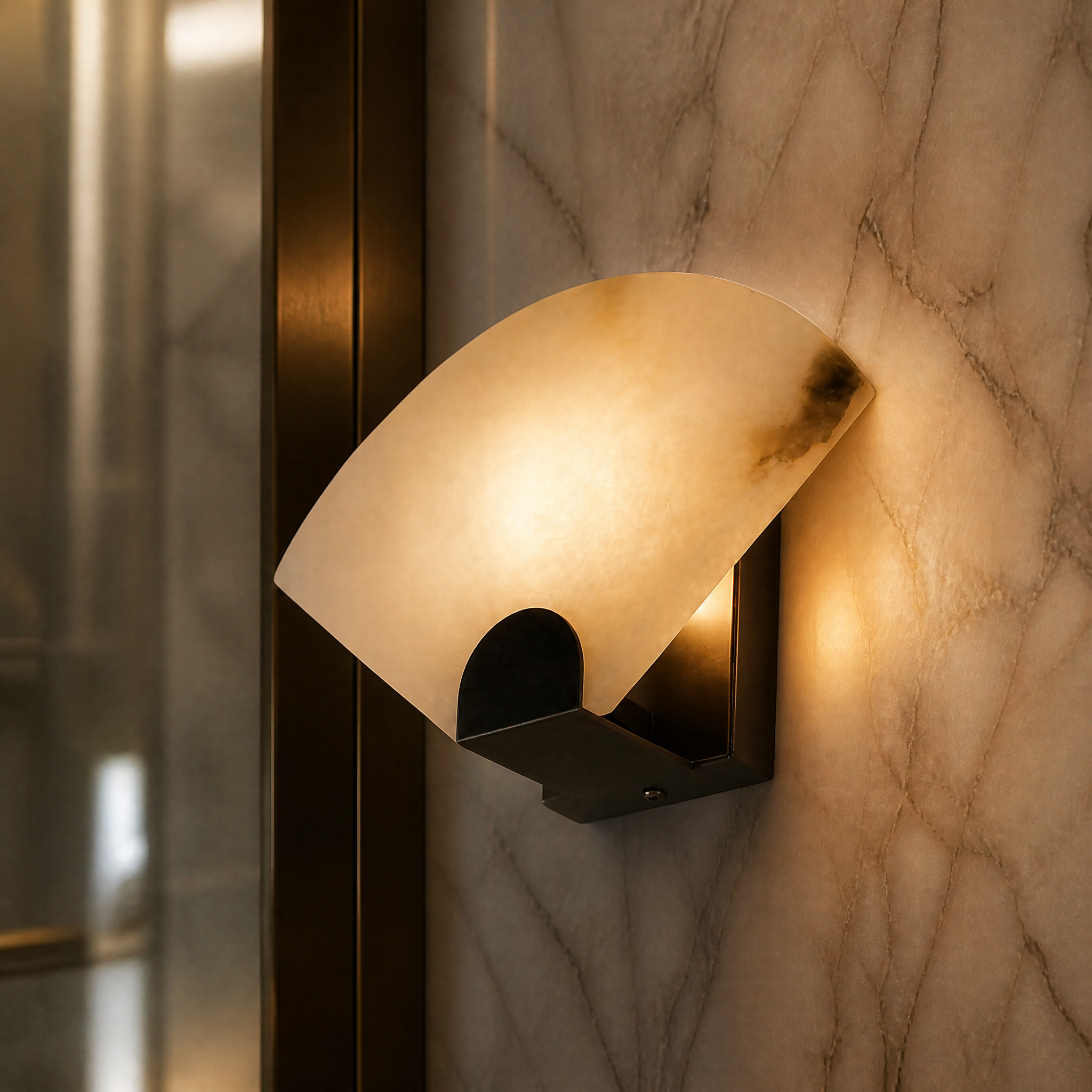 Macro closeup view of the premium curved marble texture and intricate fan motif craftsmanship of the VORELLI Venezia Wall Light.