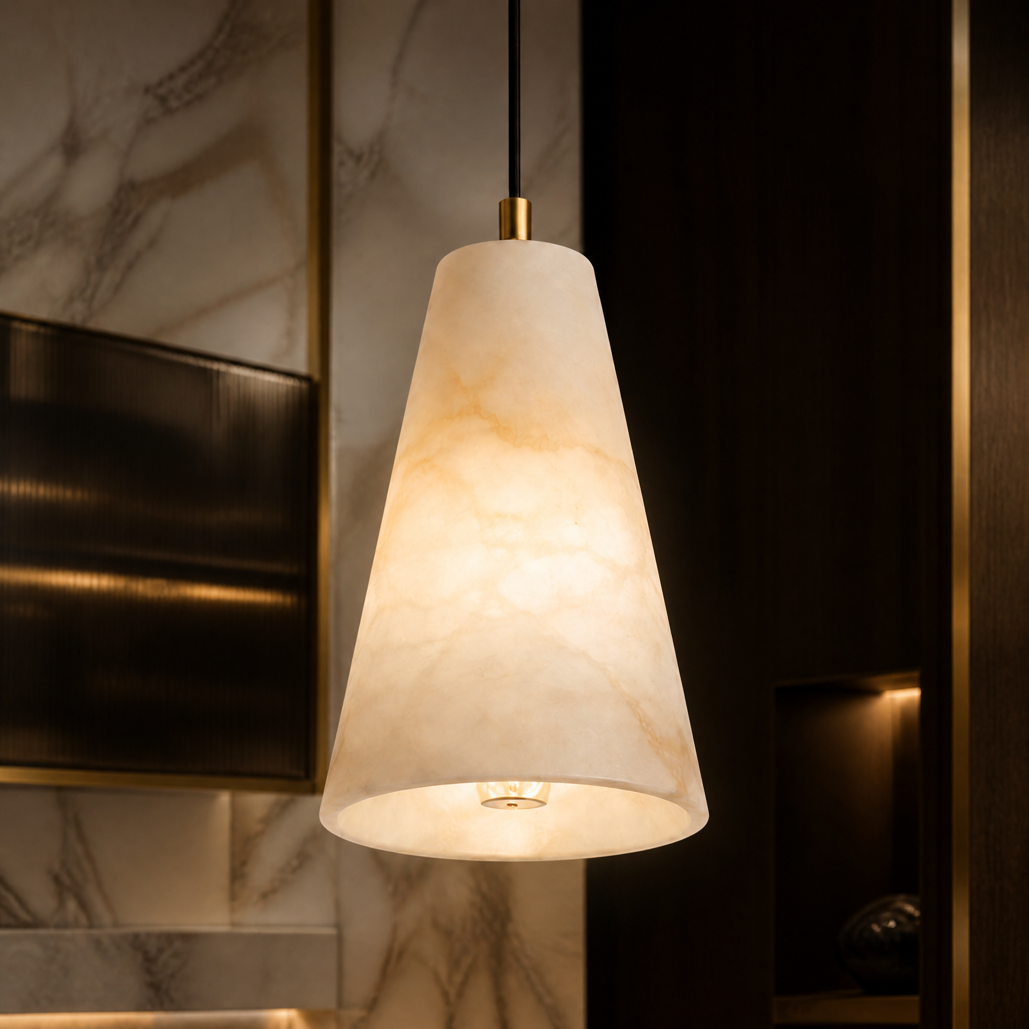 A detailed closeup of the VORELLI Venti Marble Pendant Light II showcasing the unique natural veining and translucent silhouette of the luxury marble.