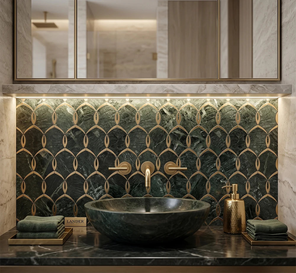 Verde Guatemala 304 Stainless Steel Waterjet Marble Mosaic luxury green waterjet marble mosaic for premium UK interiors