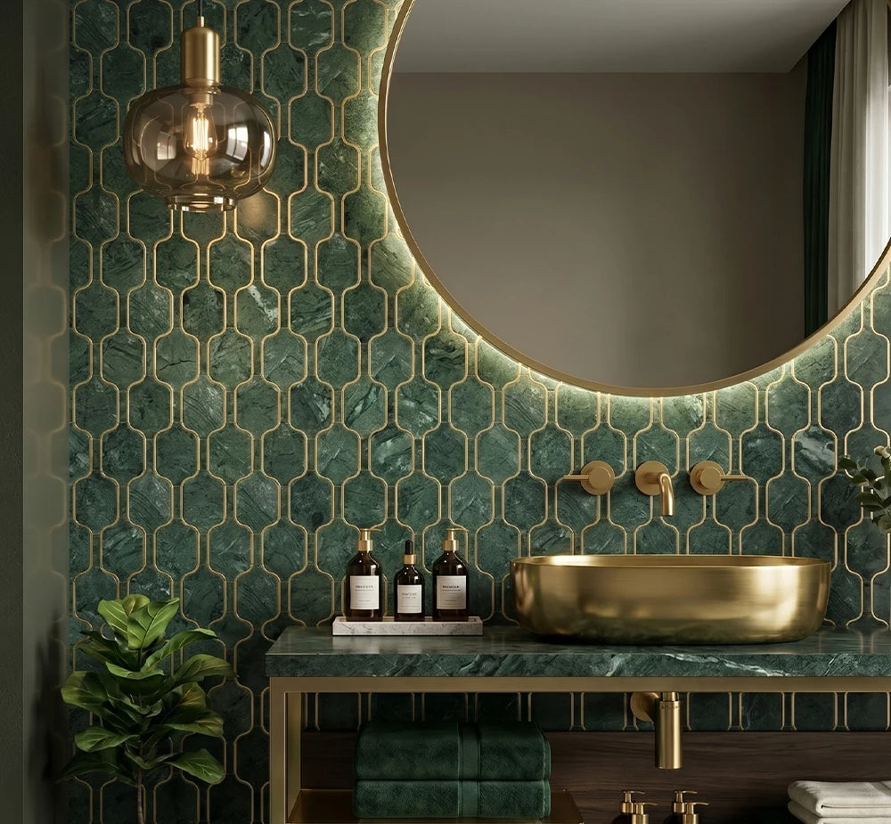 Verde Guatemala Metal Lantern Style Waterjet Marble Mosaic luxury green waterjet marble mosaic for premium UK interiors