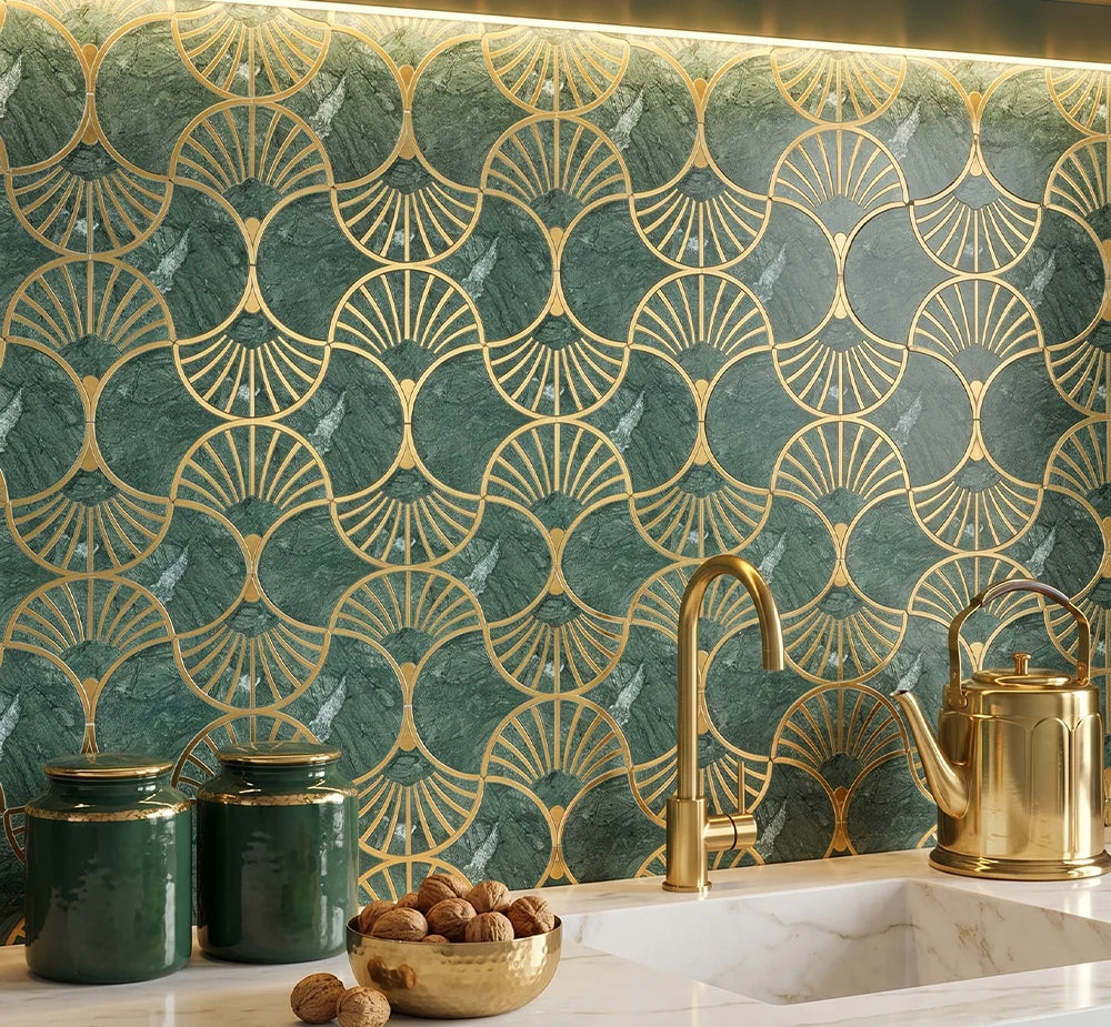 Verde Guatemala Metal Waterjet Marble Mosaic Tile by VORELLI®