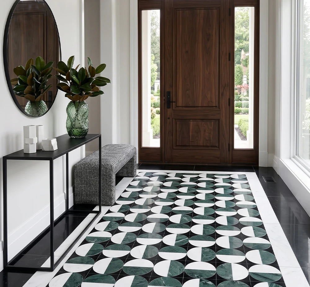 Verde Guatemala White Jade & Black Jade Waterjet Marble Mosaic luxury black, white, green waterjet marble mosaic for premium UK interiors