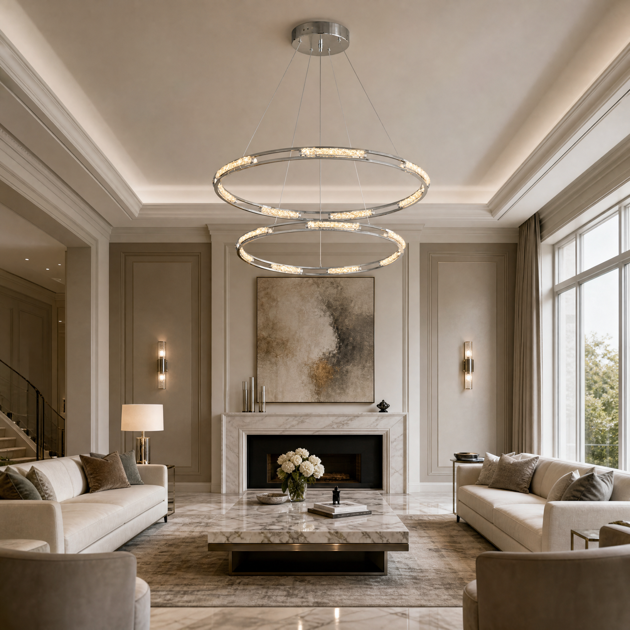 VORELLI Vermacelli Double Ring Chandelier illuminating a luxury residential dining room with modern elegance.