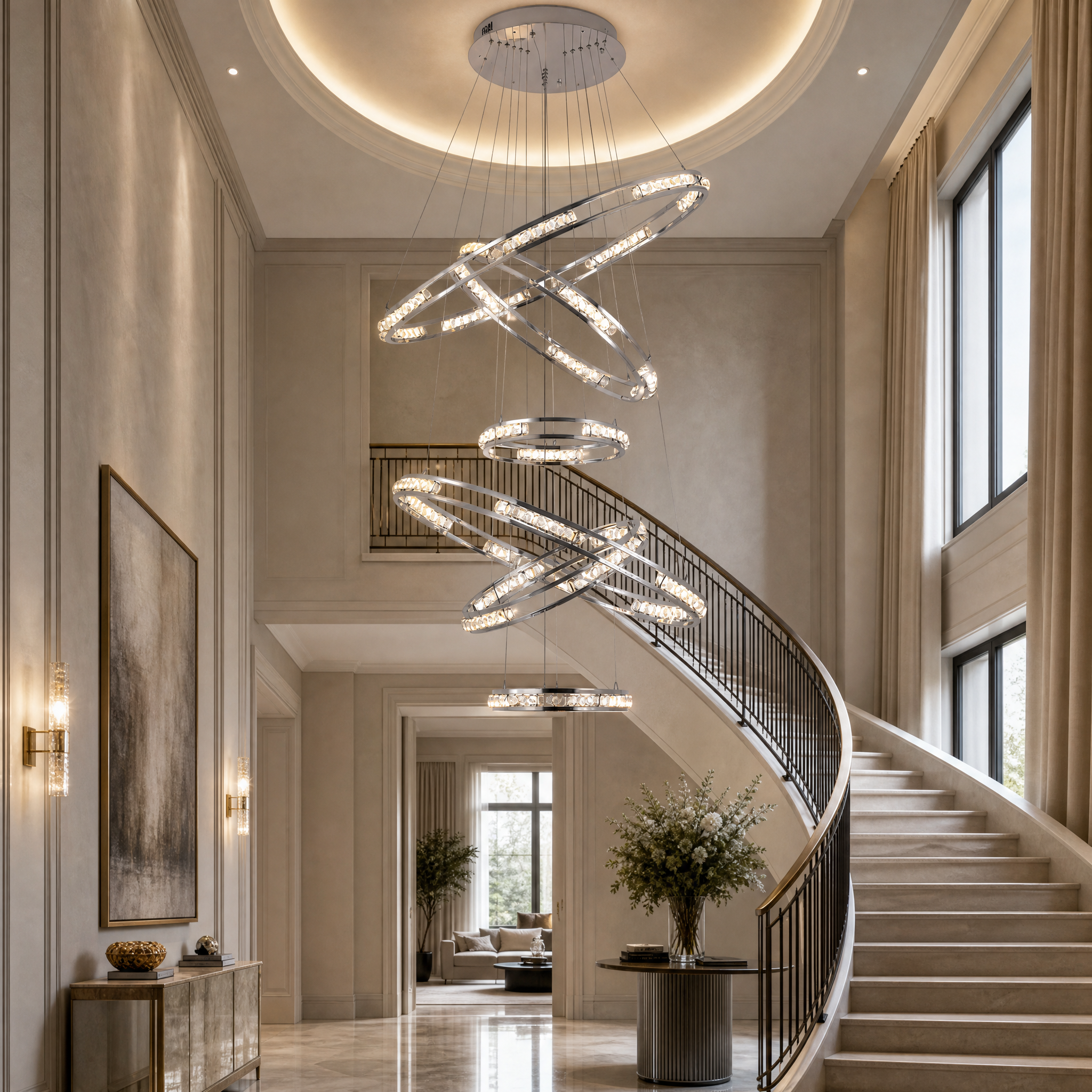 Luxurious VORELLI Vermacelli Ring Staircase Chandelier illuminating a modern residential grand staircase with elegant crystal rings.